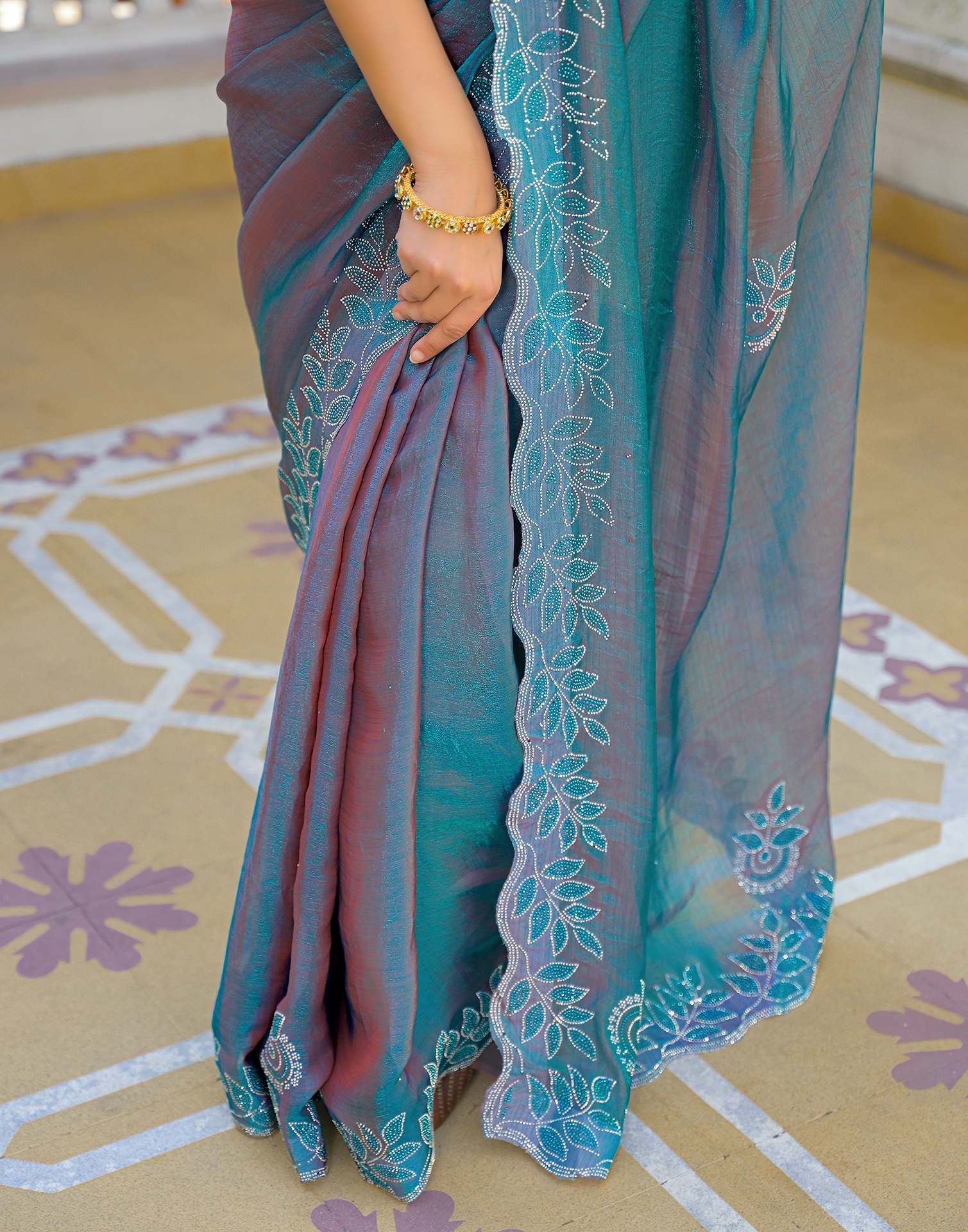 Teal Blue Shimmer Chiffon Stone Work Swarovski saree - Image 8