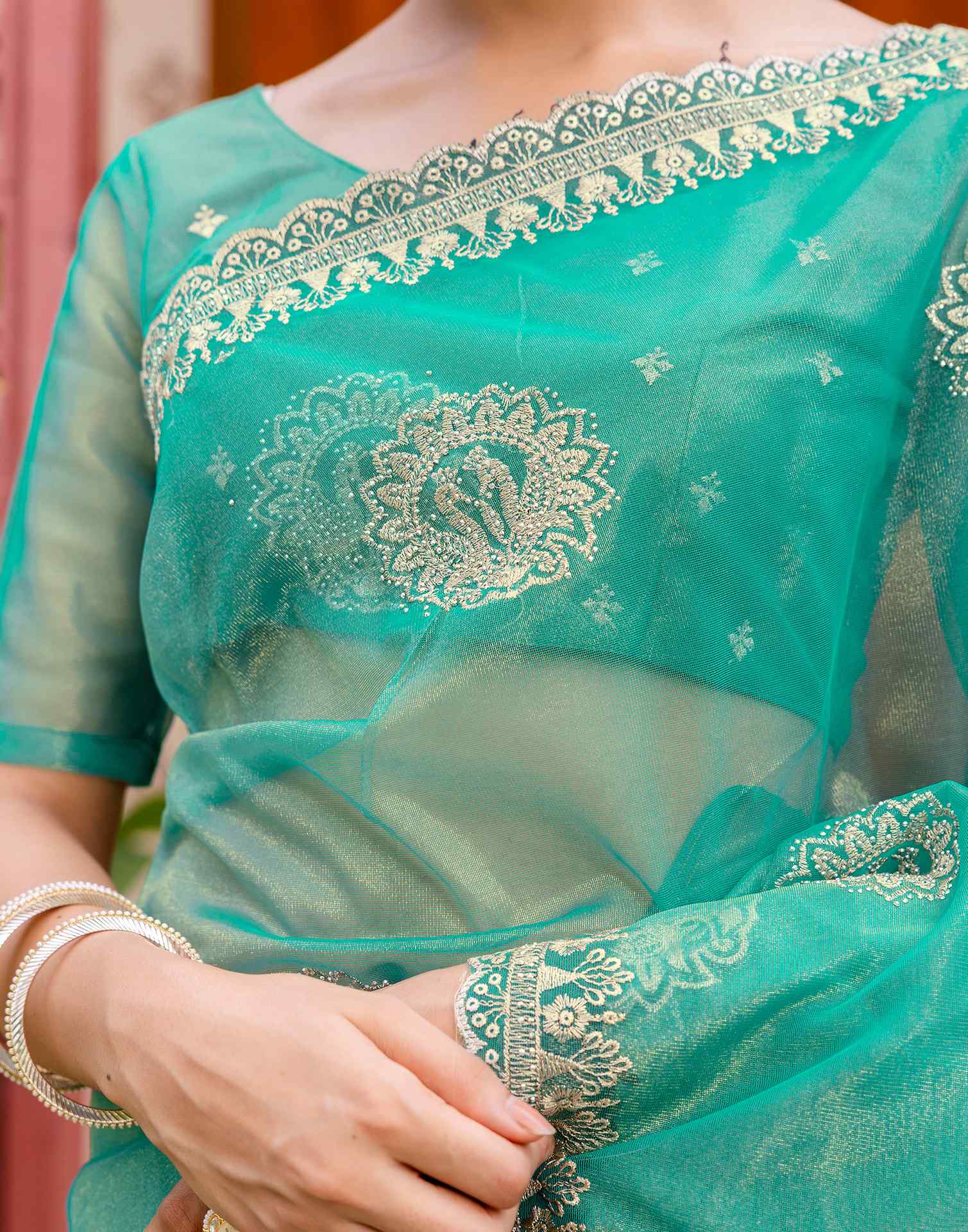 Teal Blue Shimmer Embroidery Saree - Image 10