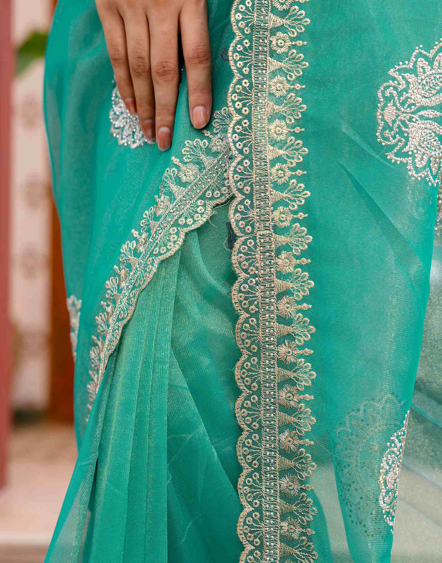 Teal Blue Shimmer Embroidery Saree - Image 11
