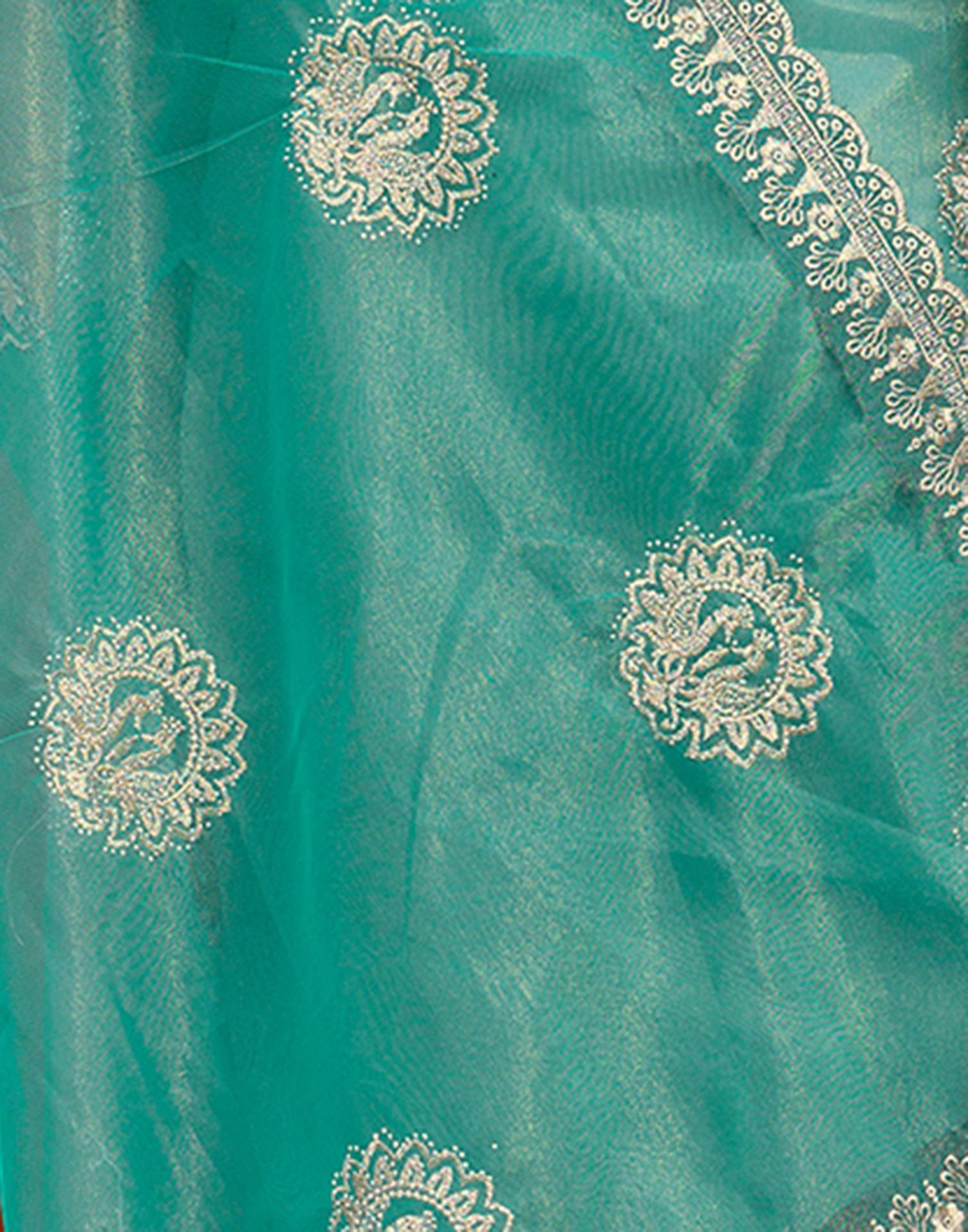 Teal Blue Shimmer Embroidery Saree - Image 12
