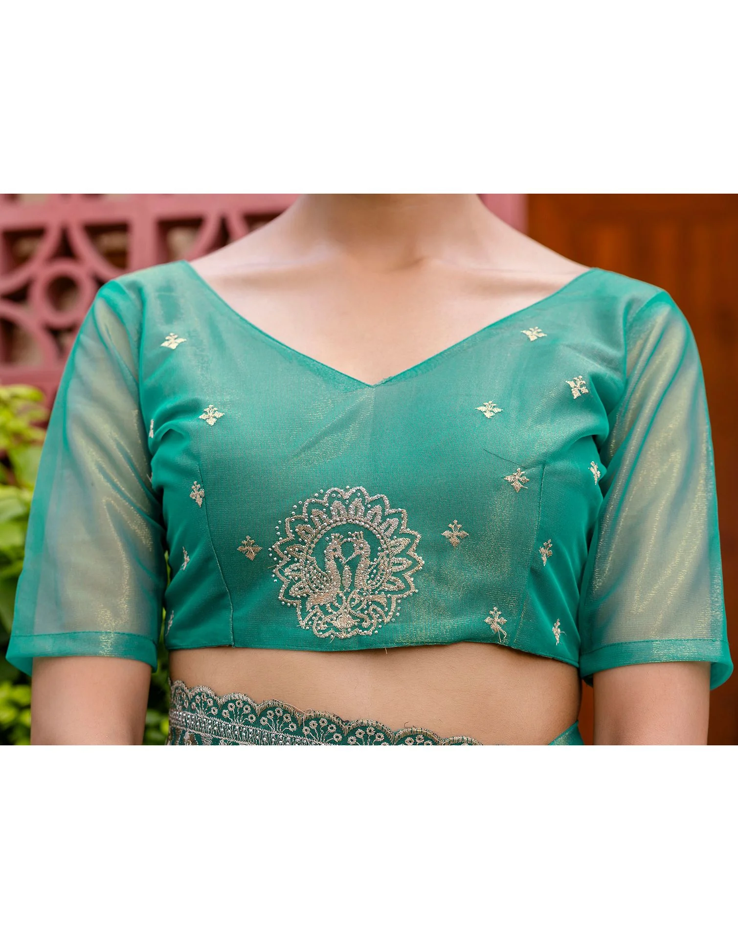 Teal Blue Shimmer Embroidery Saree - Image 13