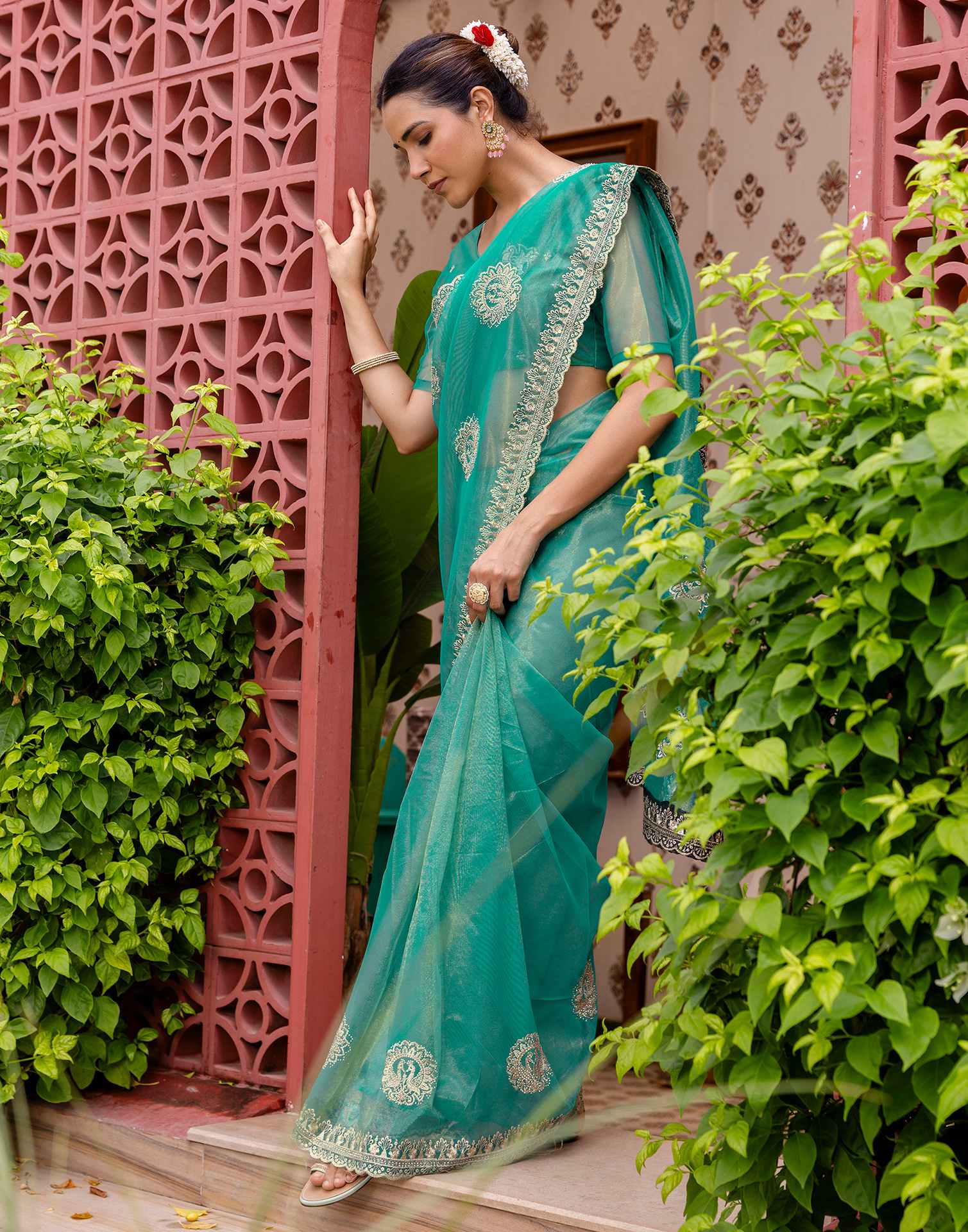 Teal Blue Shimmer Embroidery Saree - Image 8
