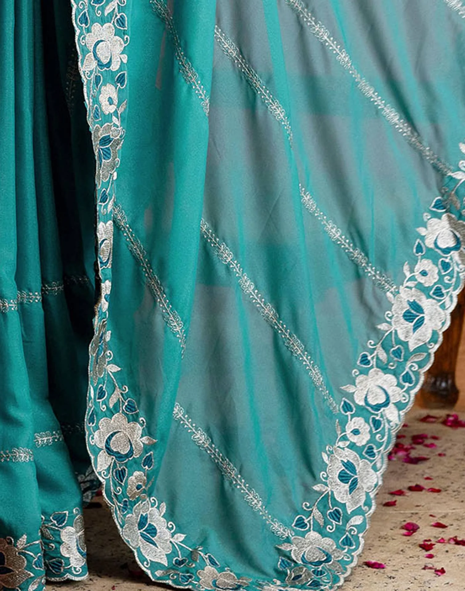 Teal Blue Shimmer Embroidery Saree - Image 10