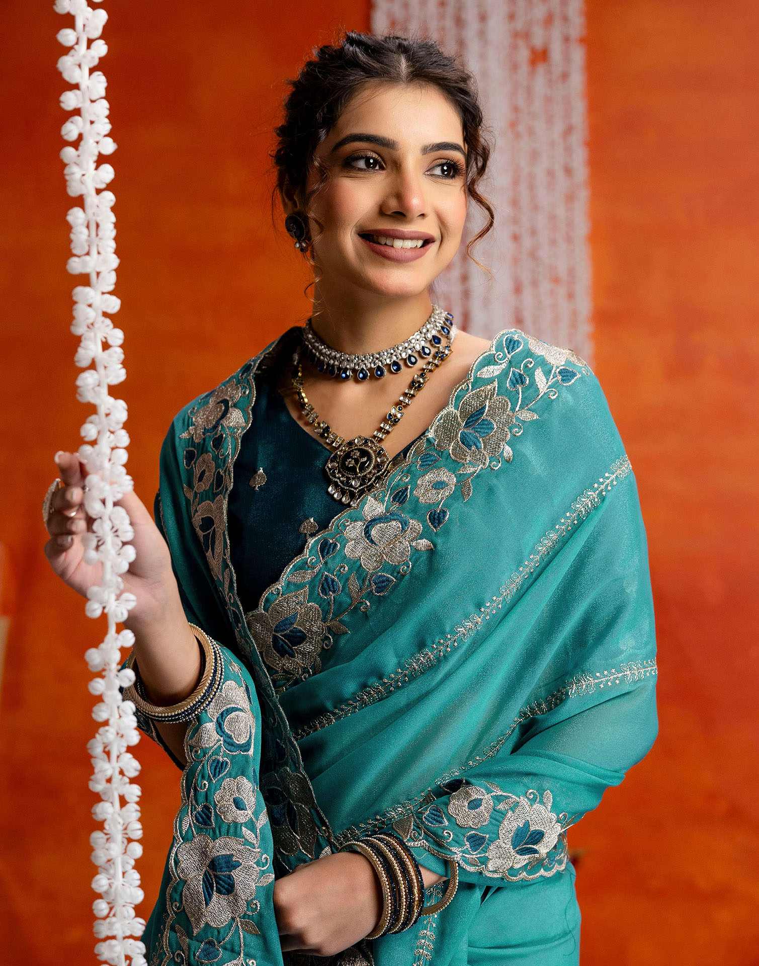 Teal Blue Shimmer Embroidery Saree - Image 2