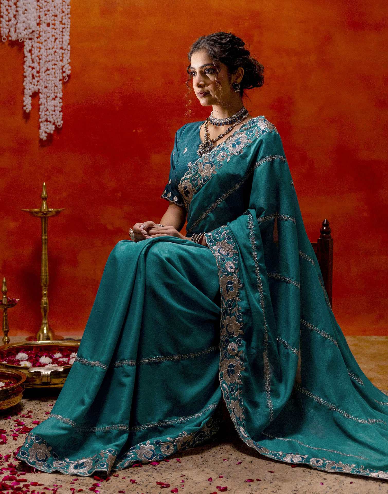 Teal Blue Shimmer Embroidery Saree - Image 8