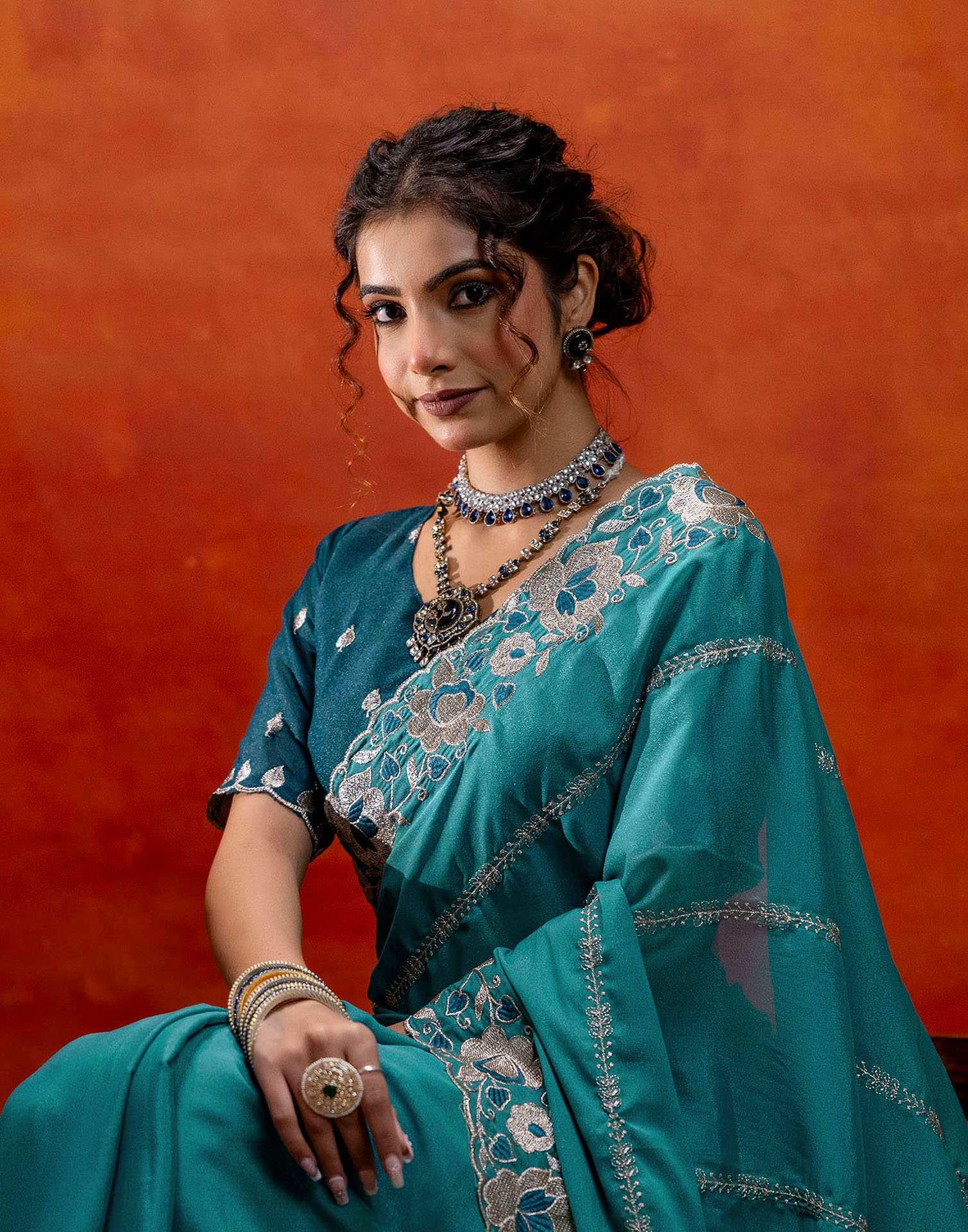 Teal Blue Shimmer Embroidery Saree - Image 9