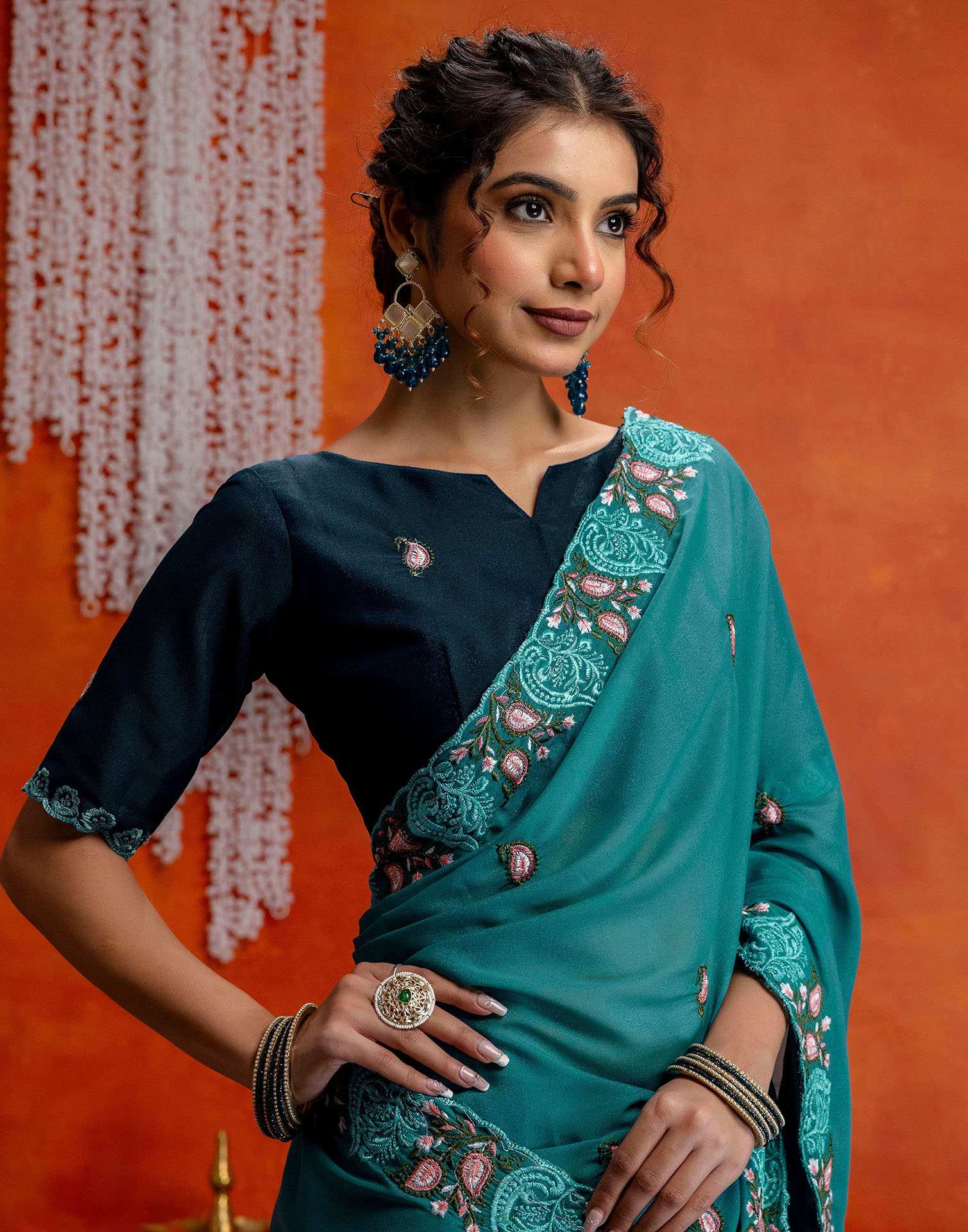 Teal Blue Shimmer Embroidery Saree - Image 10