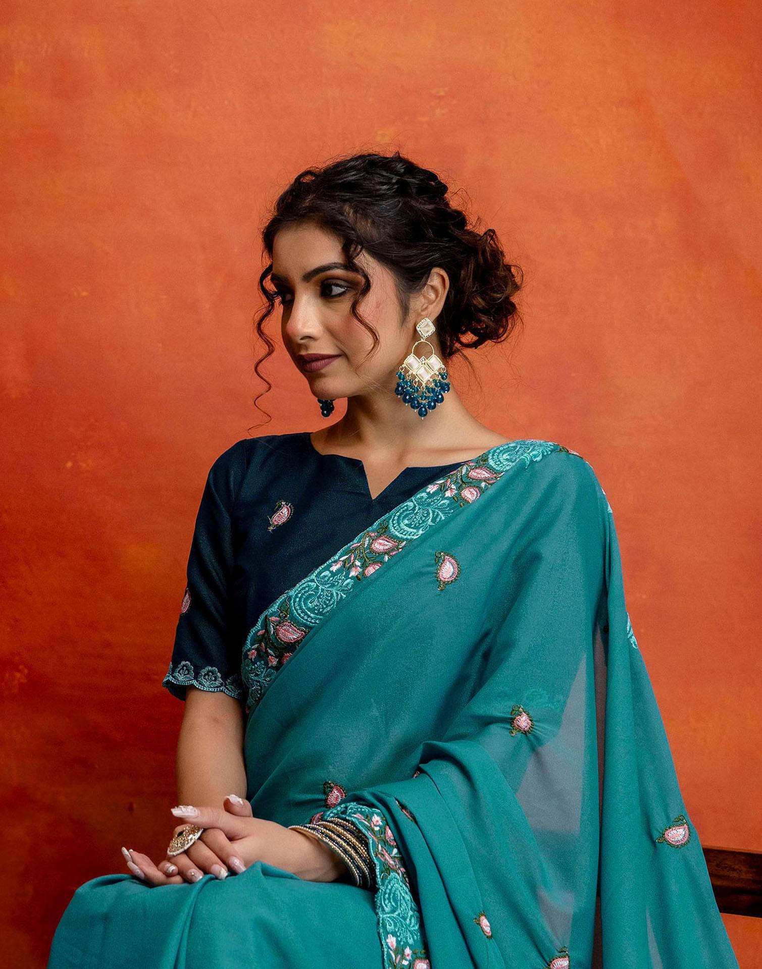 Teal Blue Shimmer Embroidery Saree - Image 5