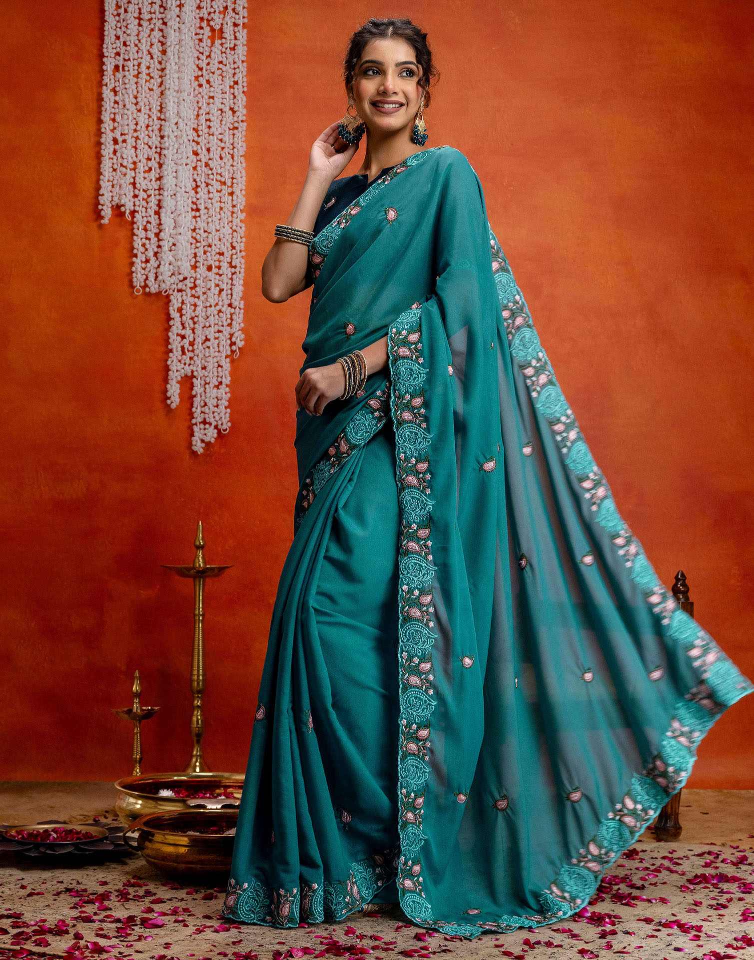 Teal Blue Shimmer Embroidery Saree - Image 6