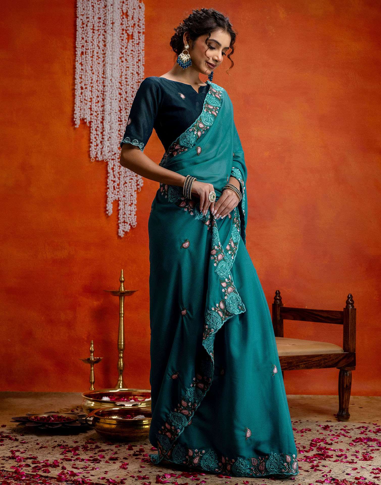Teal Blue Shimmer Embroidery Saree - Image 7