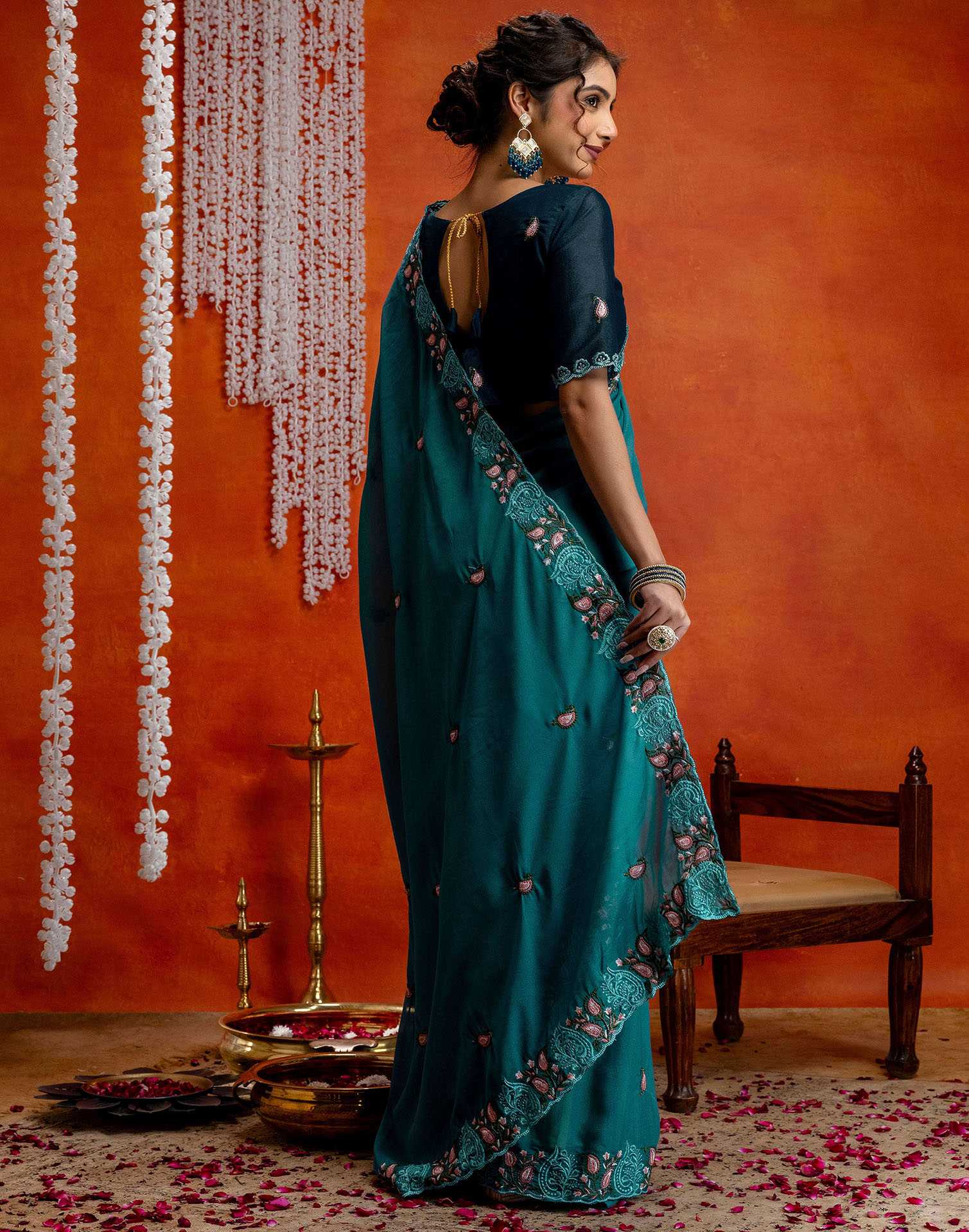 Teal Blue Shimmer Embroidery Saree - Image 8