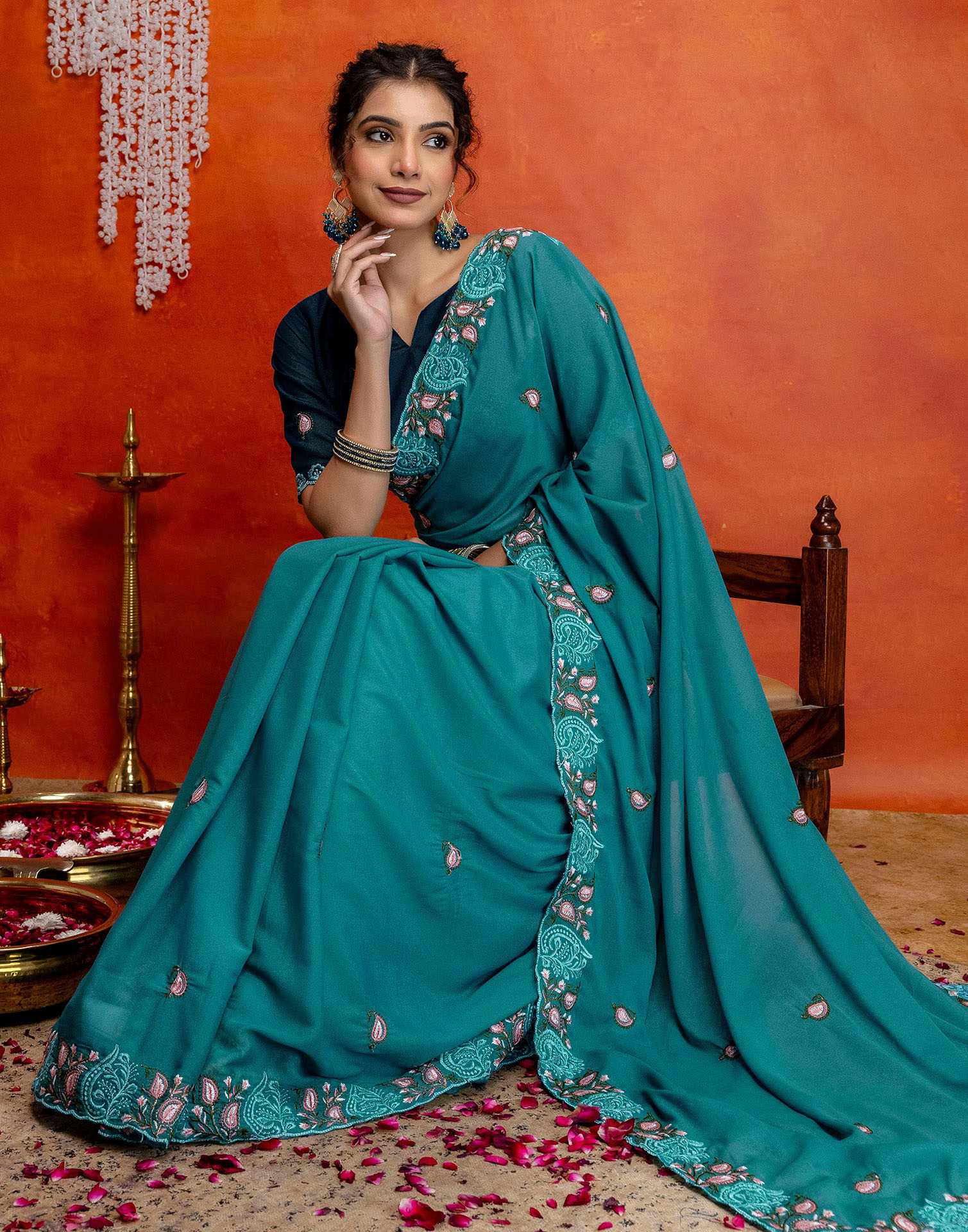 Teal Blue Shimmer Embroidery Saree - Image 9