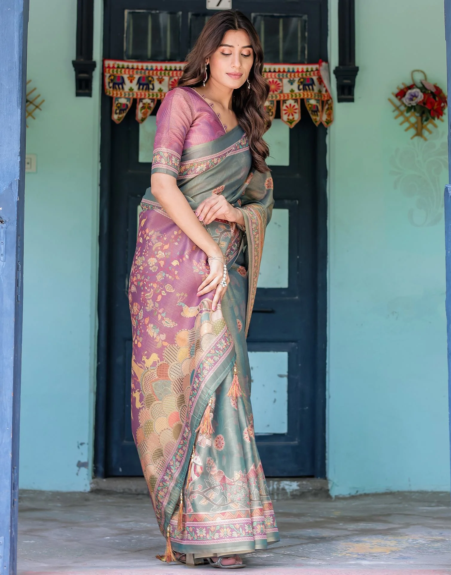 Teal Blue Shimmer Silk Printed Kalamkari Saree - Image 10