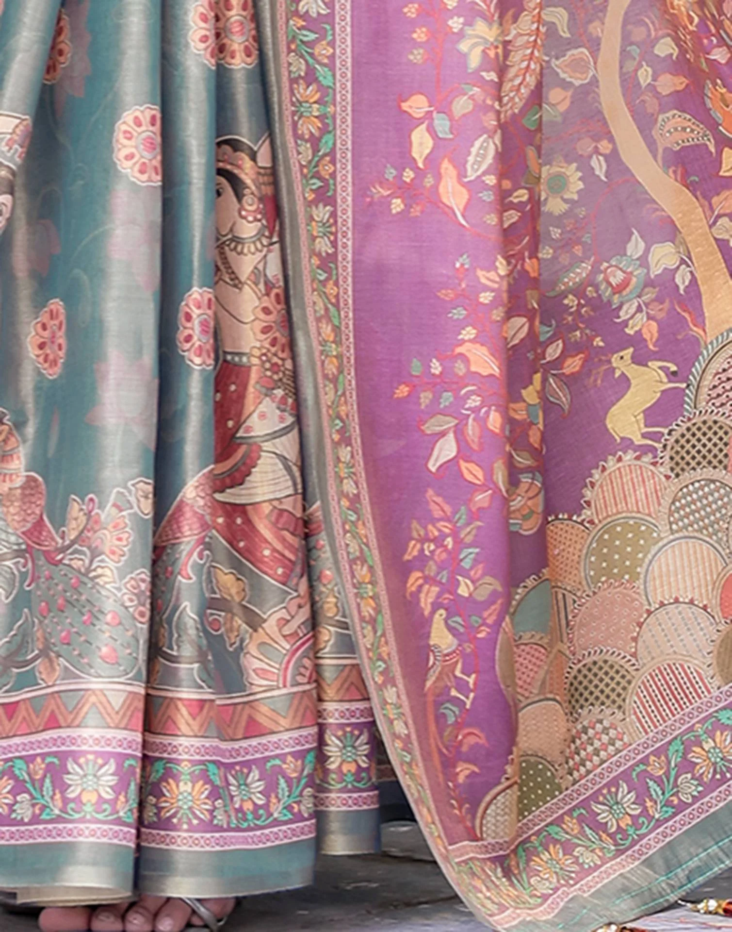 Teal Blue Shimmer Silk Printed Kalamkari Saree - Image 11