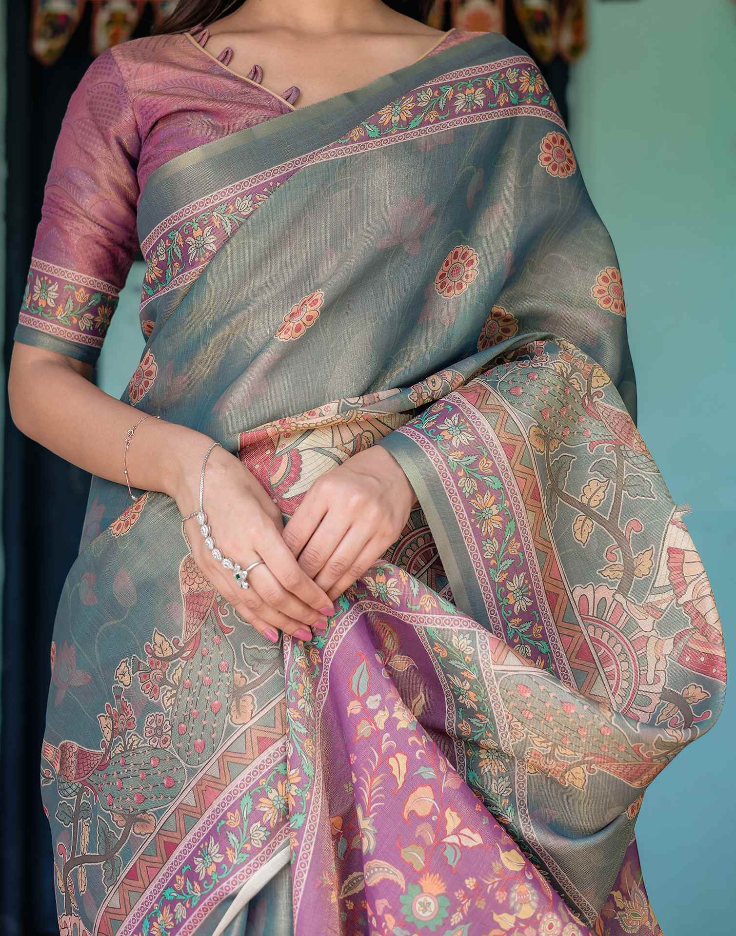 Teal Blue Shimmer Silk Printed Kalamkari Saree - Image 12