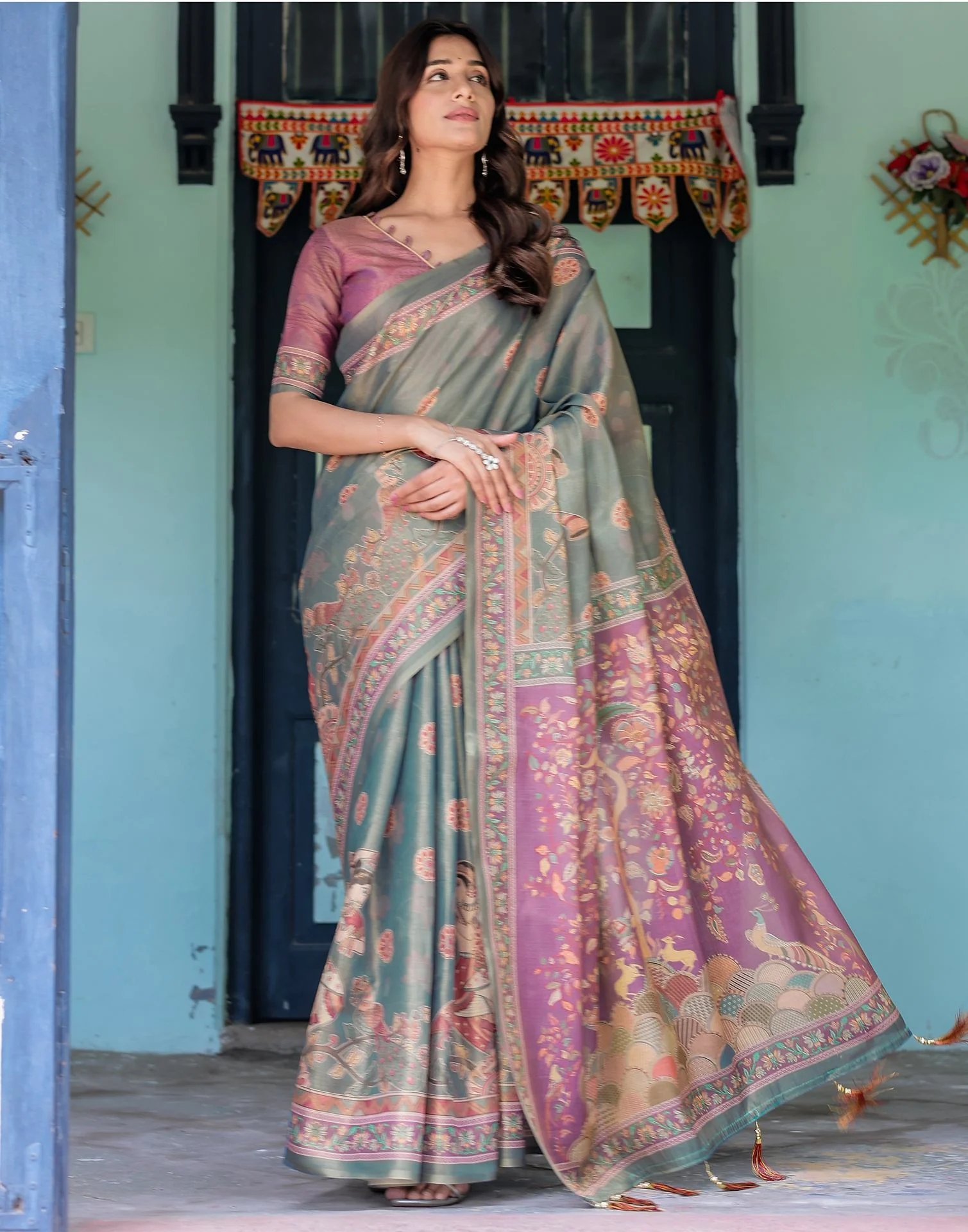 Teal Blue Shimmer Silk Printed Kalamkari Saree - Image 5