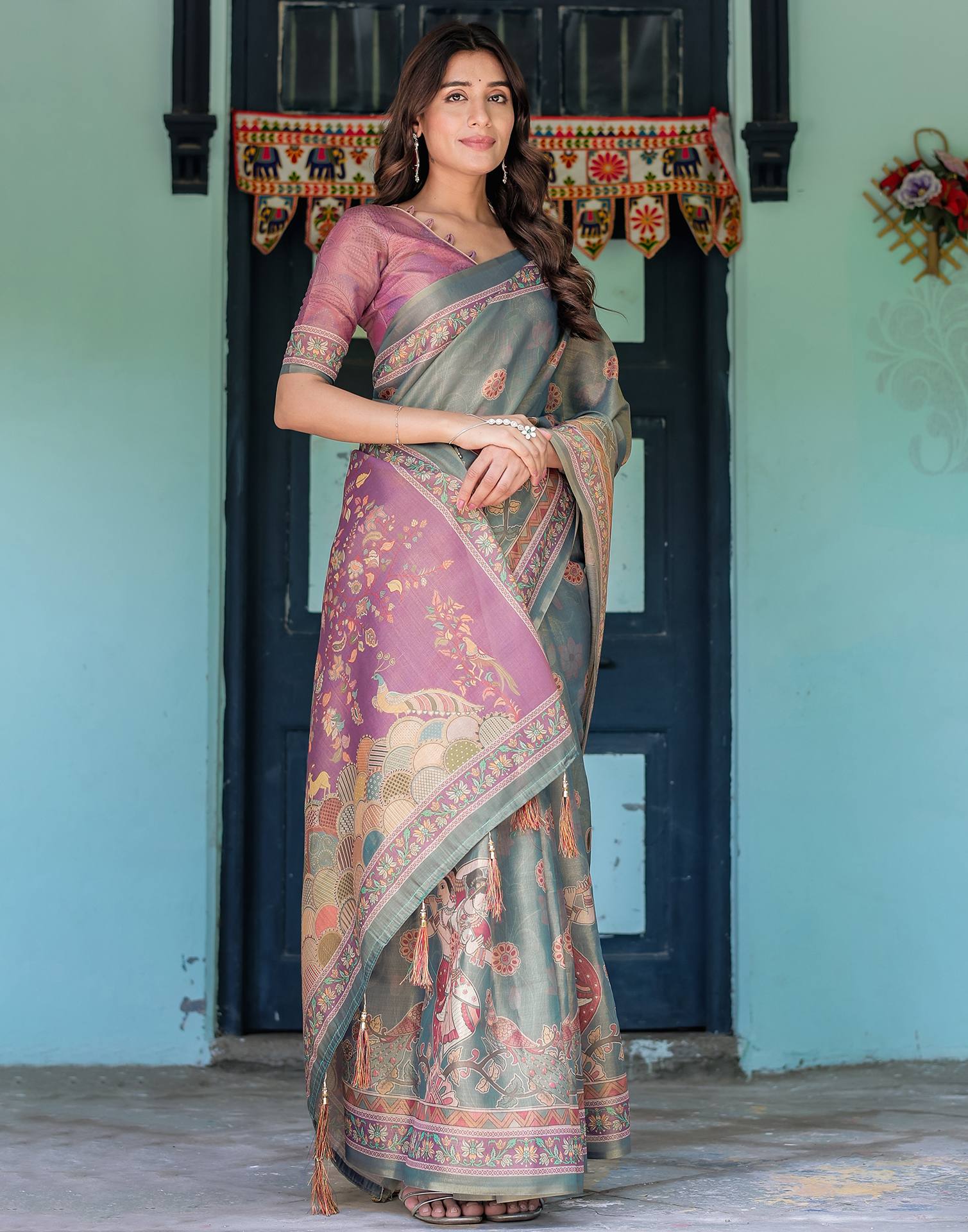Teal Blue Shimmer Silk Printed Kalamkari Saree - Image 8