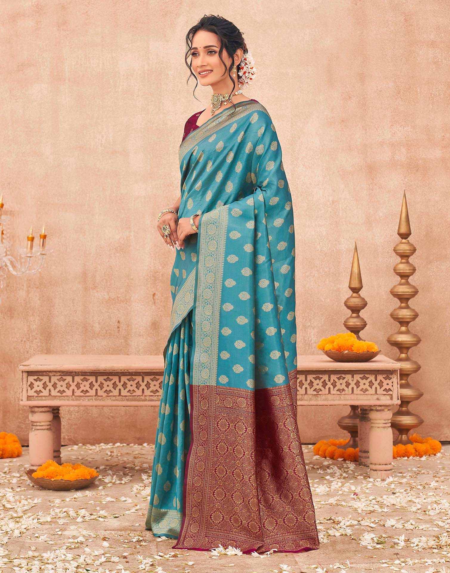 Teal Blue Shimmer Silk Woven Banarasi Saree - Image 4