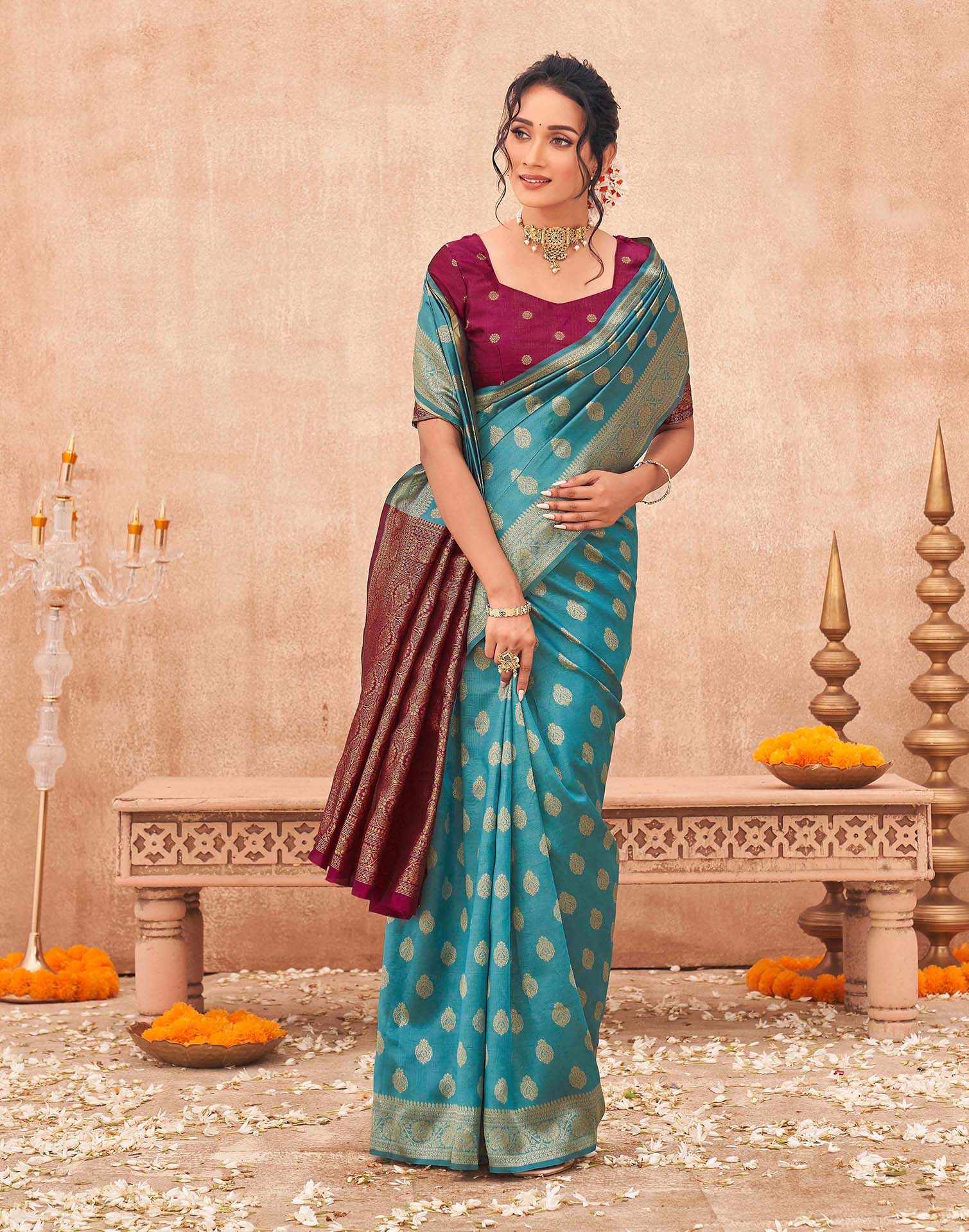 Teal Blue Shimmer Silk Woven Banarasi Saree - Image 5