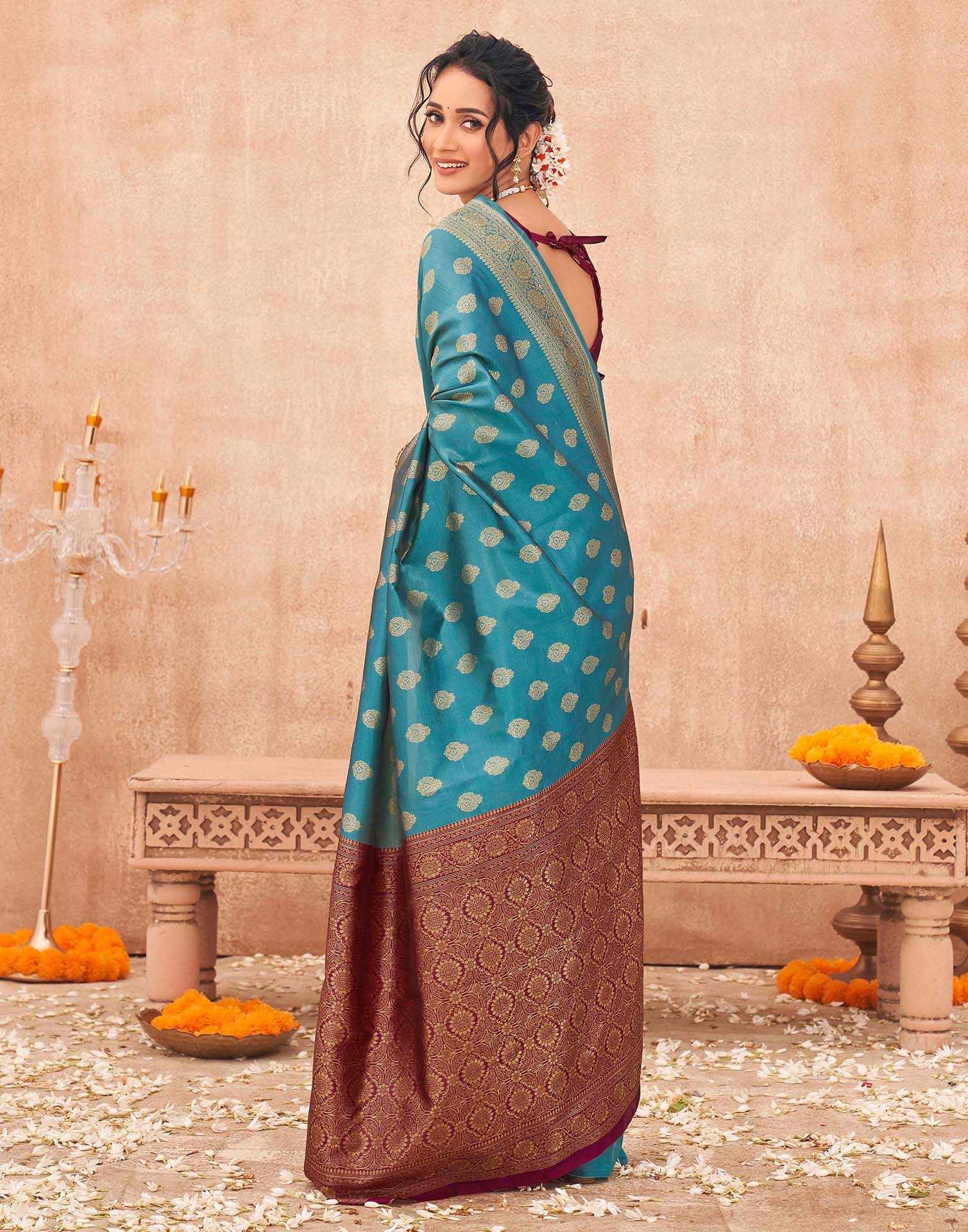 Teal Blue Shimmer Silk Woven Banarasi Saree - Image 6