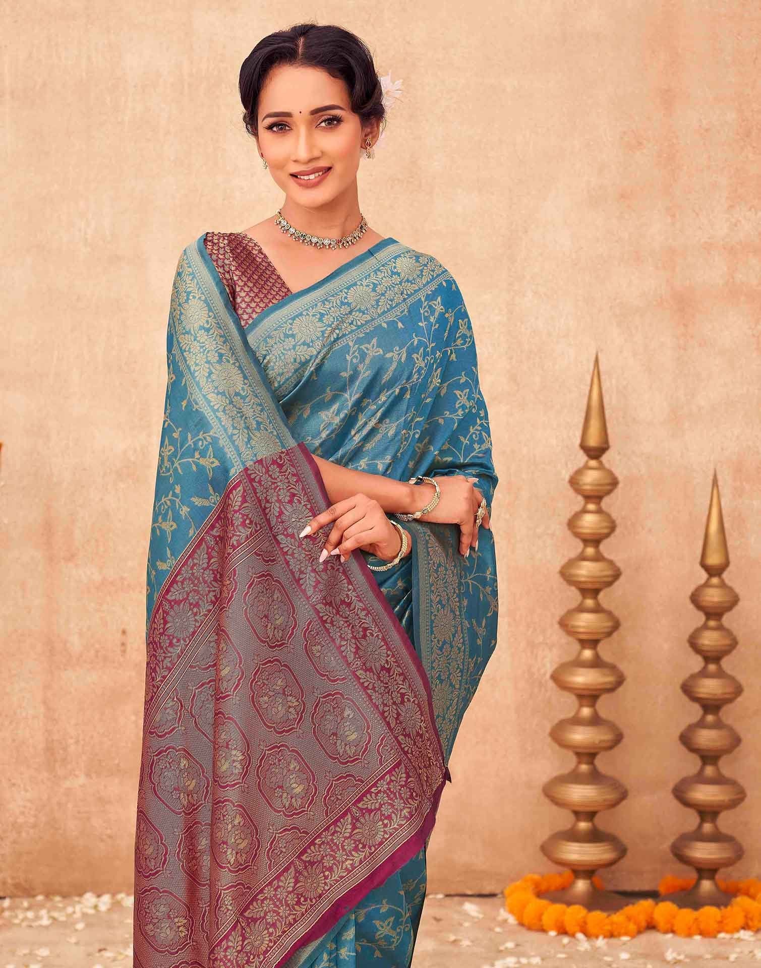 Teal Blue Shimmer Silk Woven Banarasi Saree - Image 2
