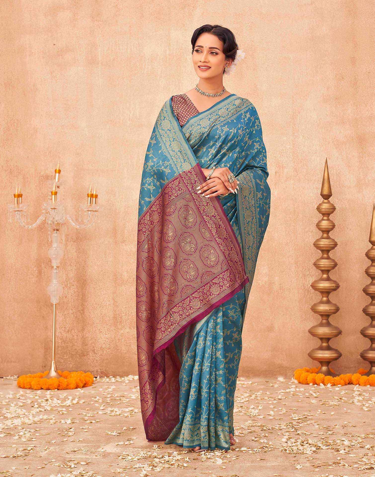 Teal Blue Shimmer Silk Woven Banarasi Saree - Image 5