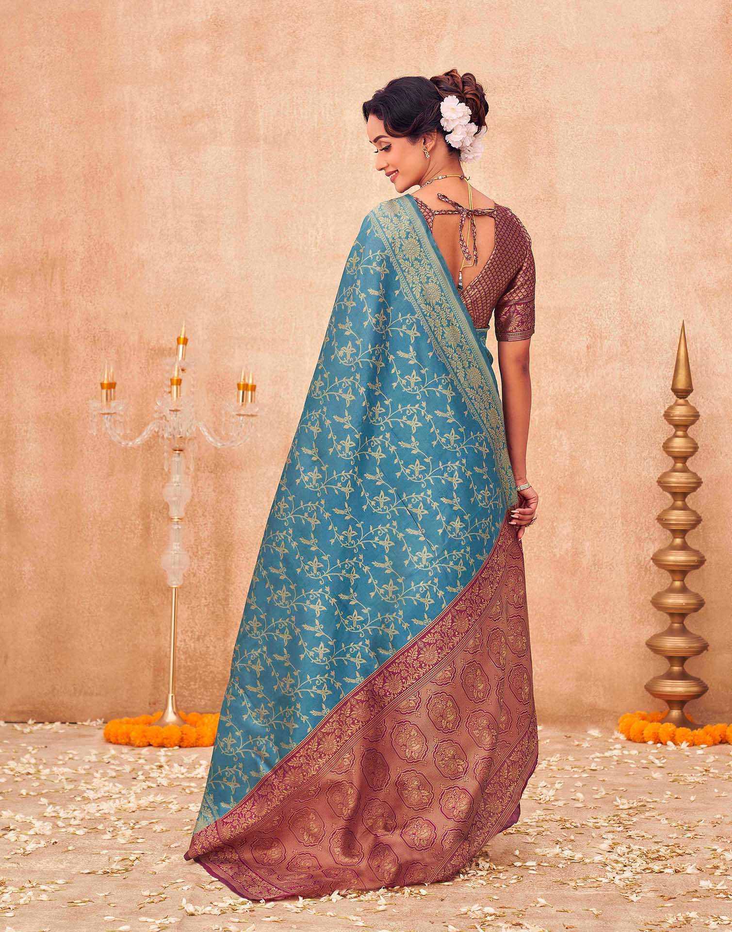 Teal Blue Shimmer Silk Woven Banarasi Saree - Image 6