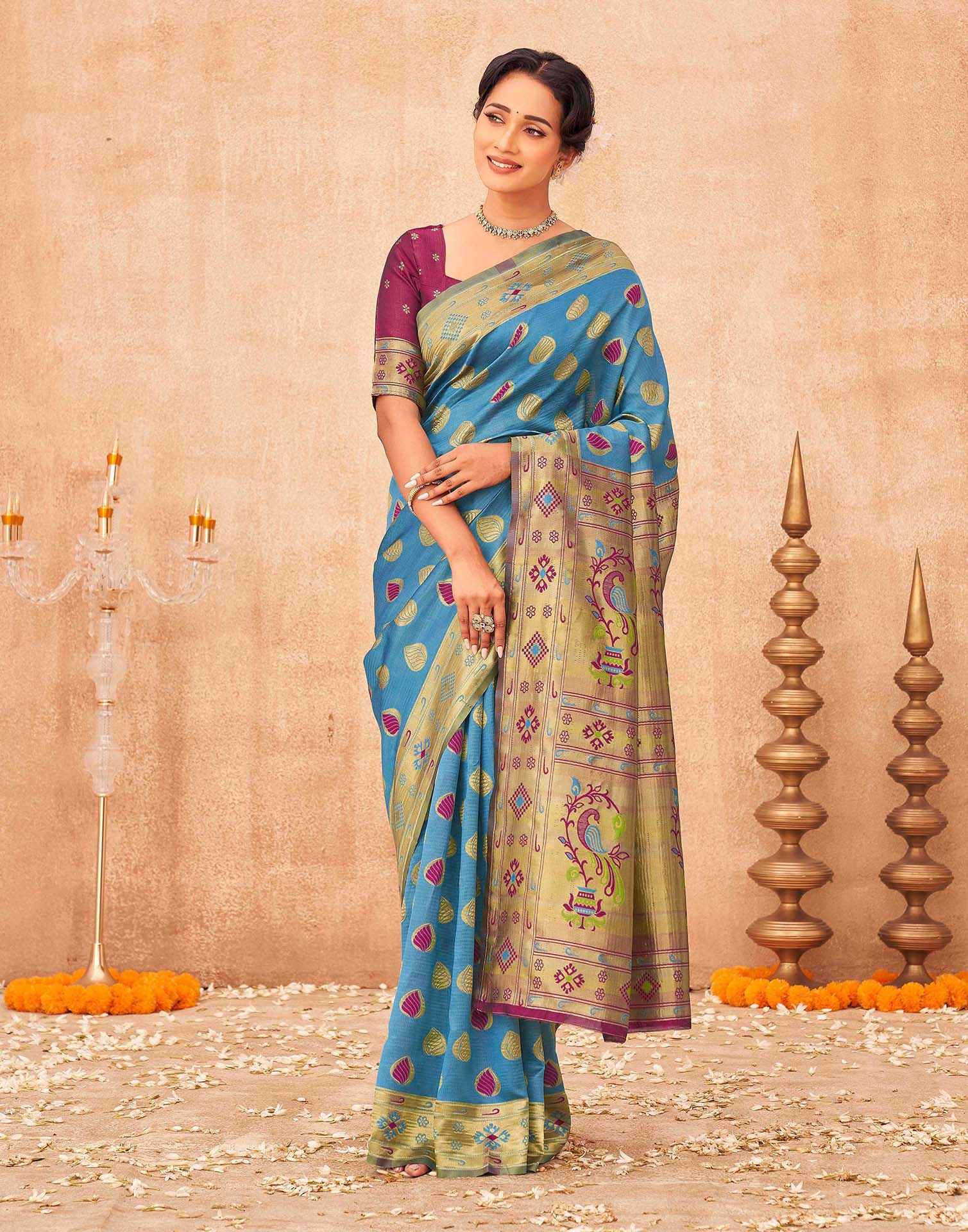 Teal Blue Shimmer Silk Woven Paithani Saree