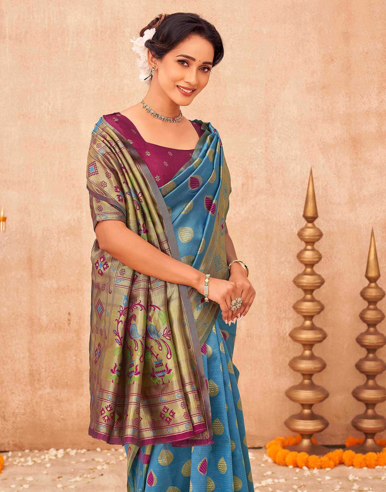 Teal Blue Shimmer Silk Woven Paithani Saree - Image 2