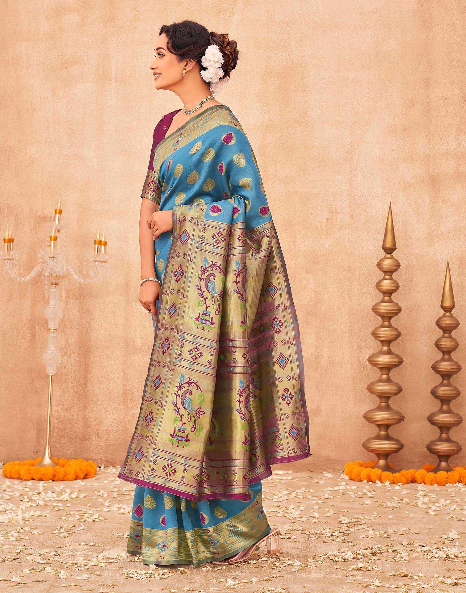 Teal Blue Shimmer Silk Woven Paithani Saree - Image 4