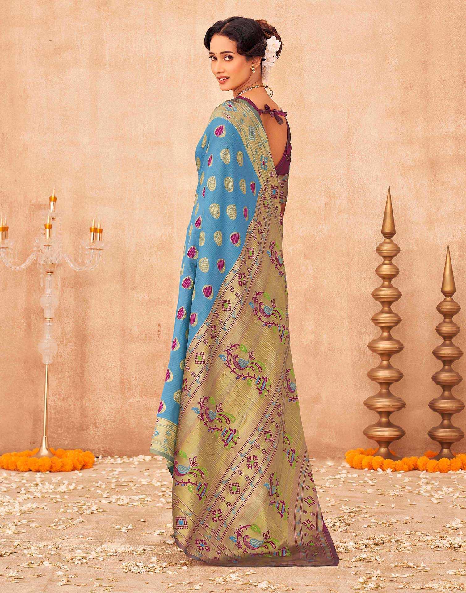 Teal Blue Shimmer Silk Woven Paithani Saree - Image 6