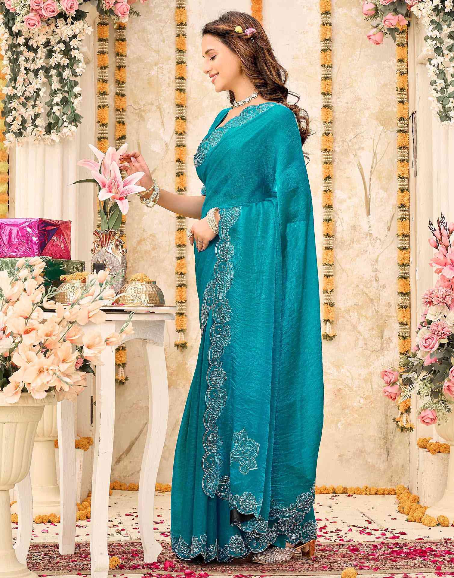 Teal Blue Shimmer Stone Work Embellished Saree - Image 4