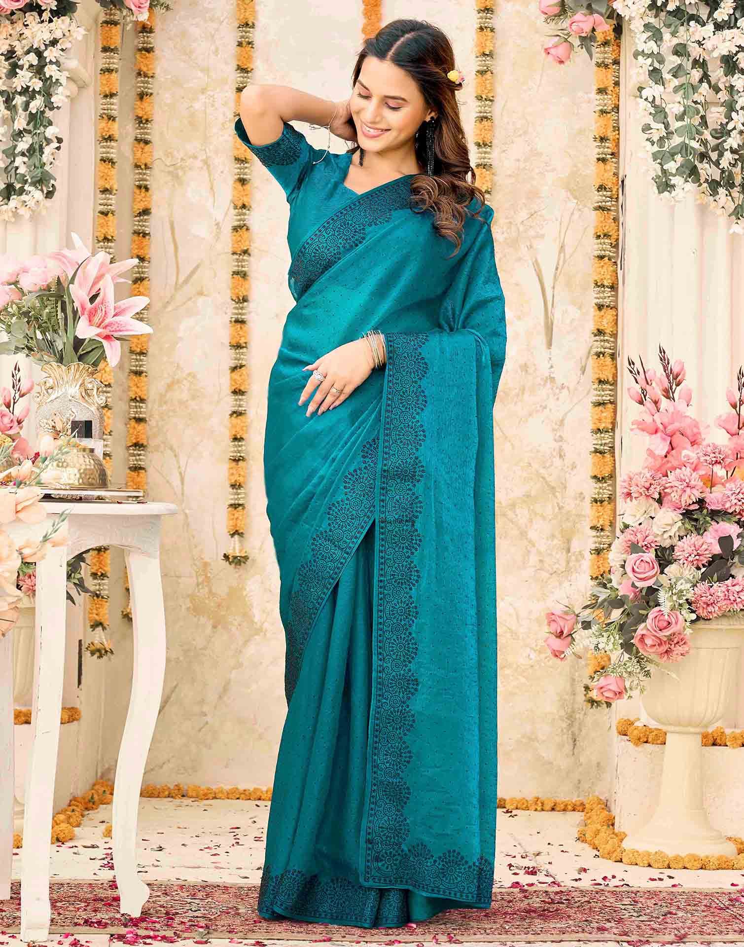 Teal Blue Shimmer Stone Work Swarovski Saree