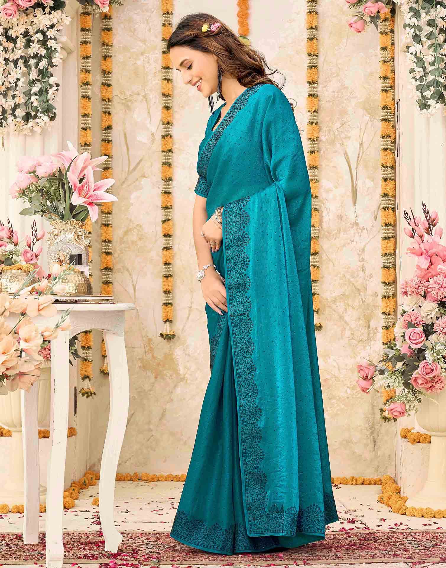 Teal Blue Shimmer Stone Work Swarovski Saree - Image 4