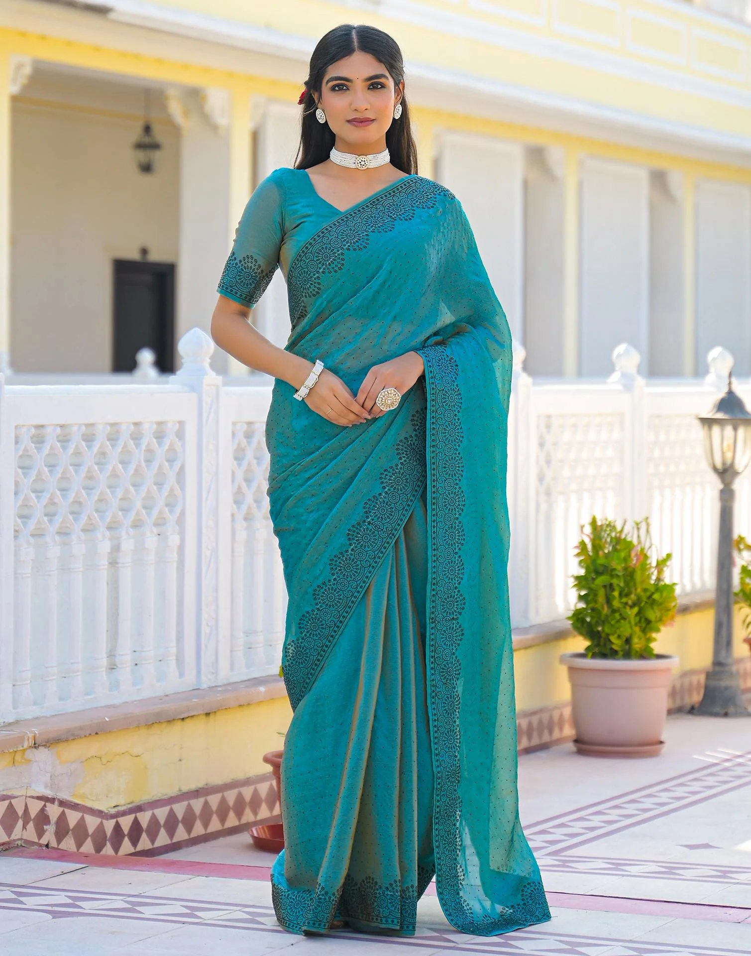 Teal Blue Shimmer Stone Work Swarovski Saree