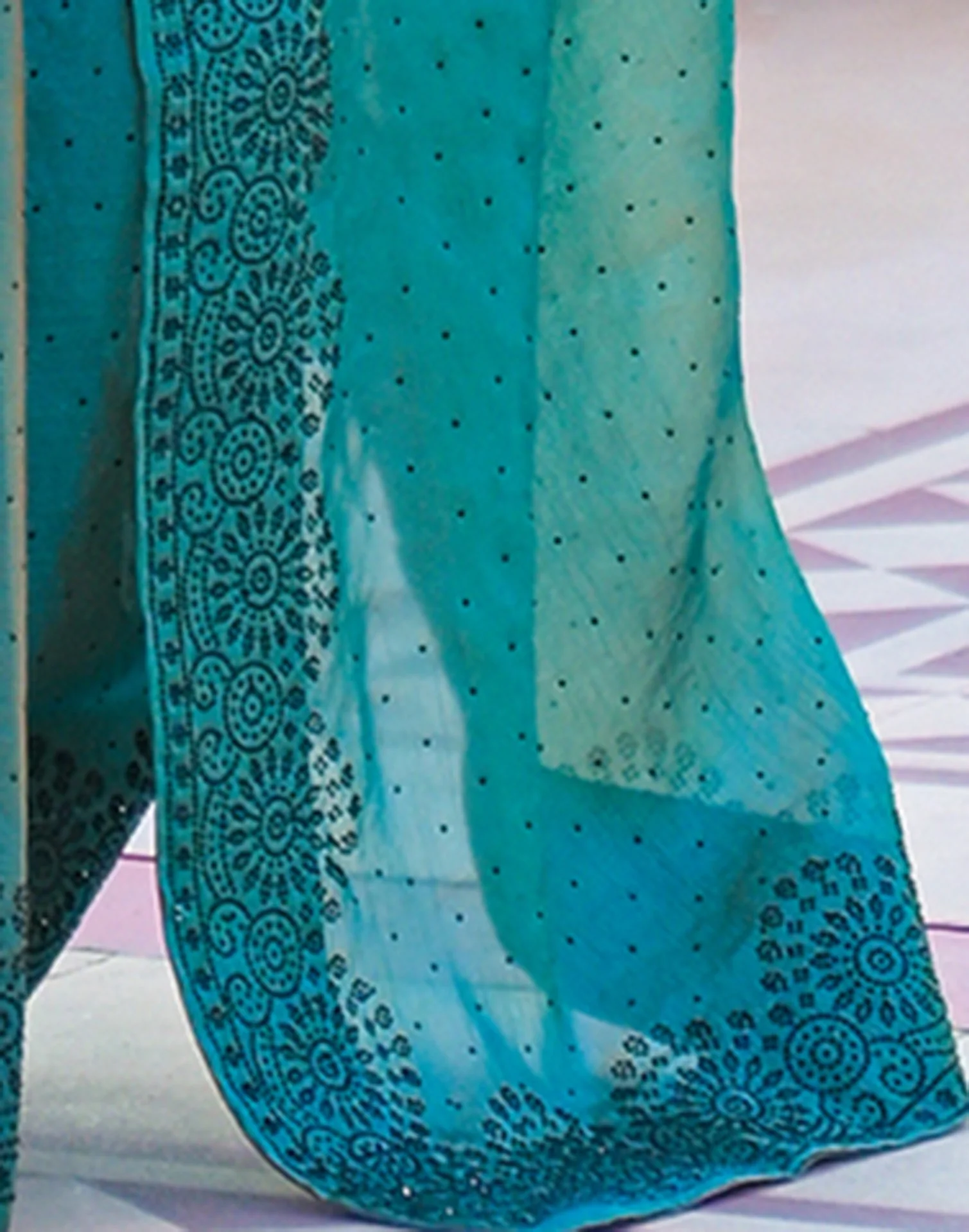Teal Blue Shimmer Stone Work Swarovski Saree - Image 10
