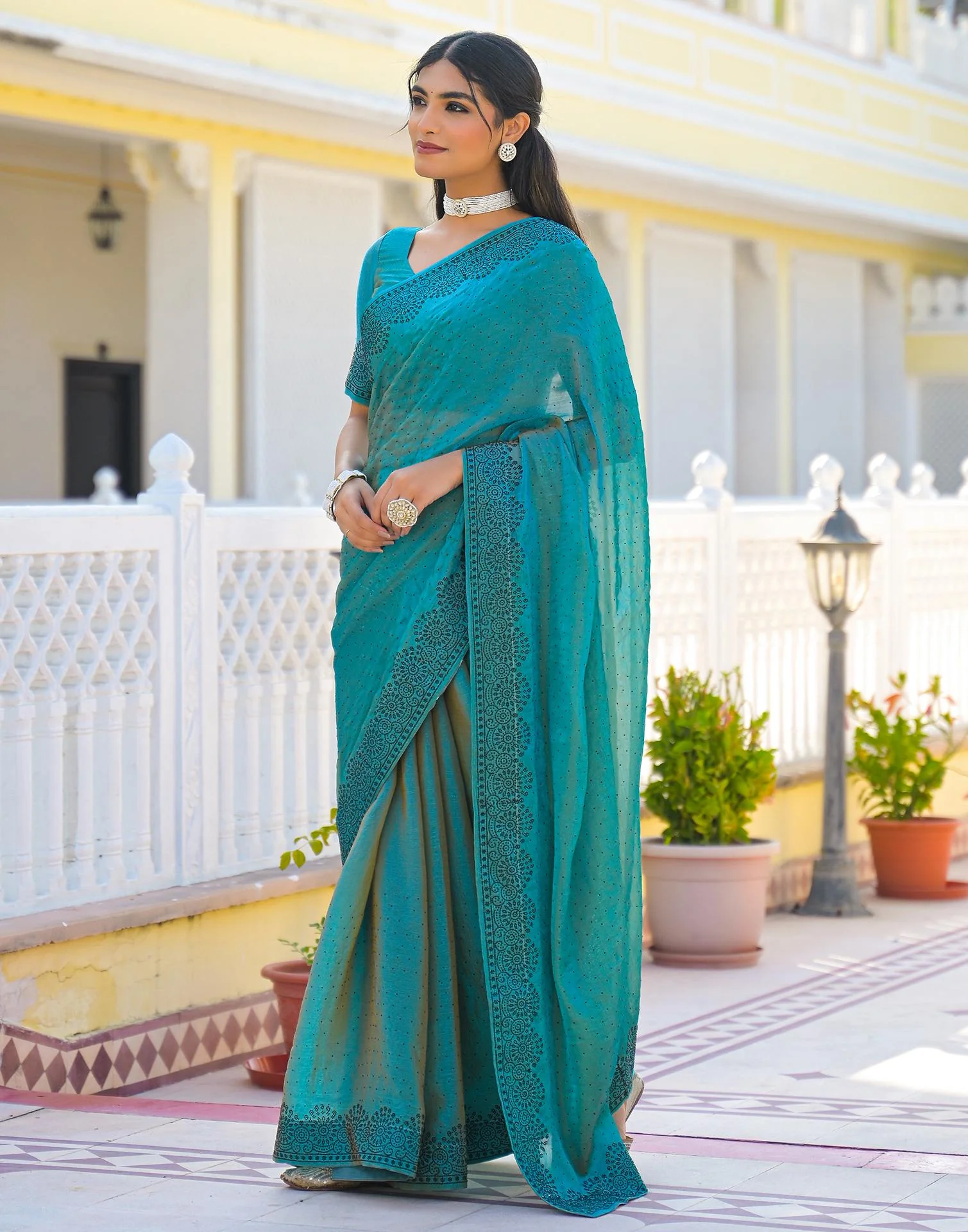 Teal Blue Shimmer Stone Work Swarovski Saree - Image 5