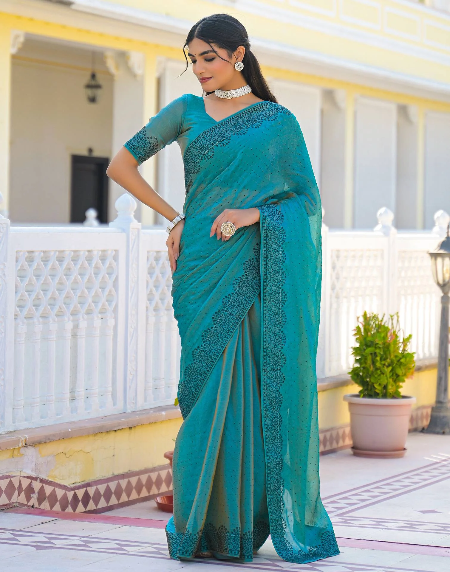 Teal Blue Shimmer Stone Work Swarovski Saree - Image 6