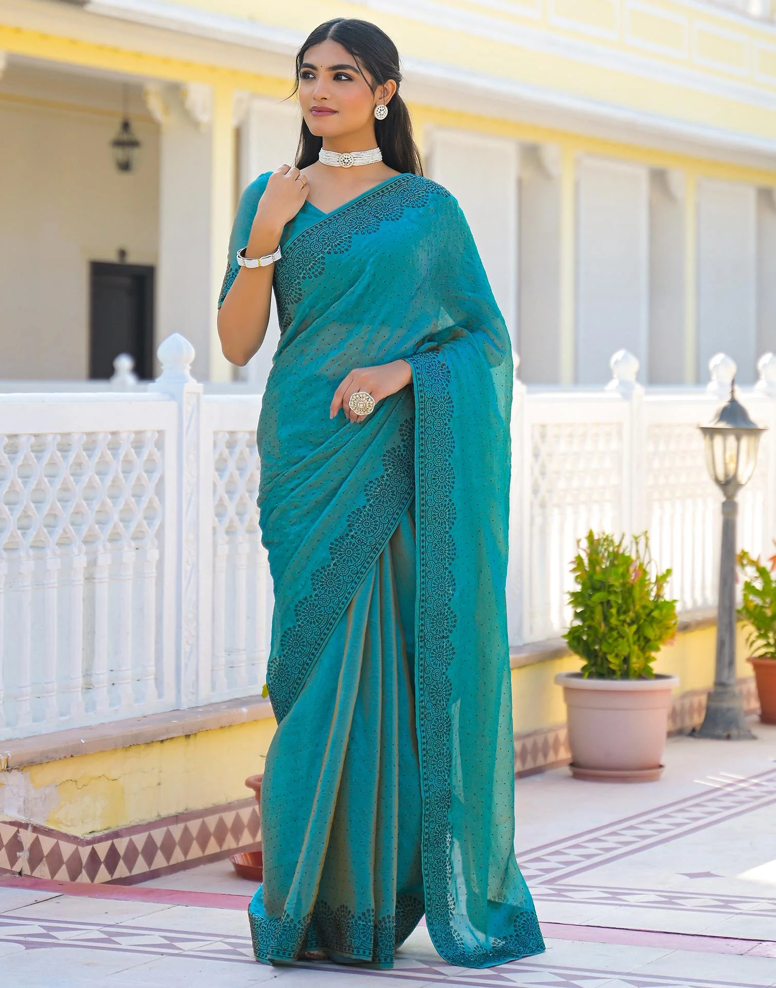 Teal Blue Shimmer Stone Work Swarovski Saree - Image 8