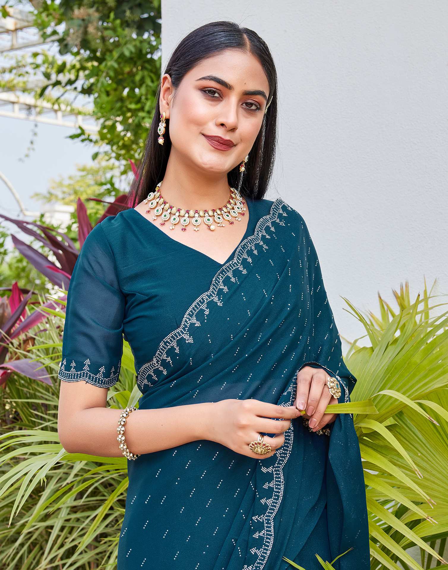 Teal Blue Shimmer Stone Work Swarovski Saree - Image 2