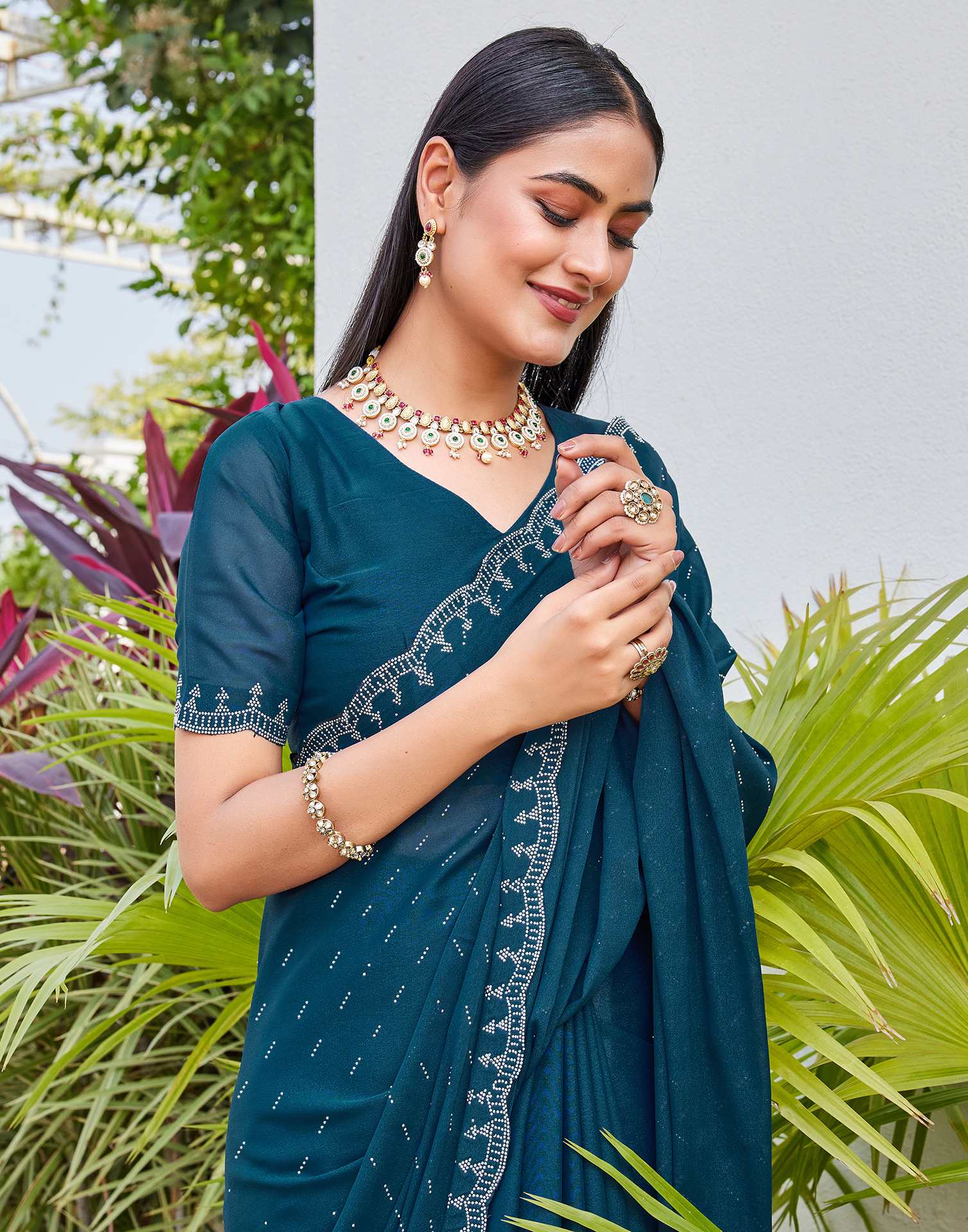 Teal Blue Shimmer Stone Work Swarovski Saree - Image 4