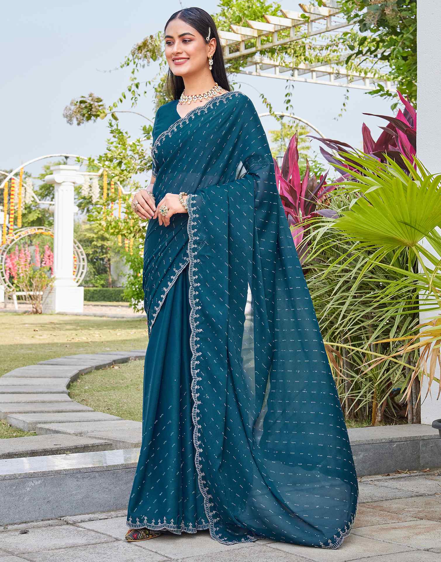 Teal Blue Shimmer Stone Work Swarovski Saree - Image 5