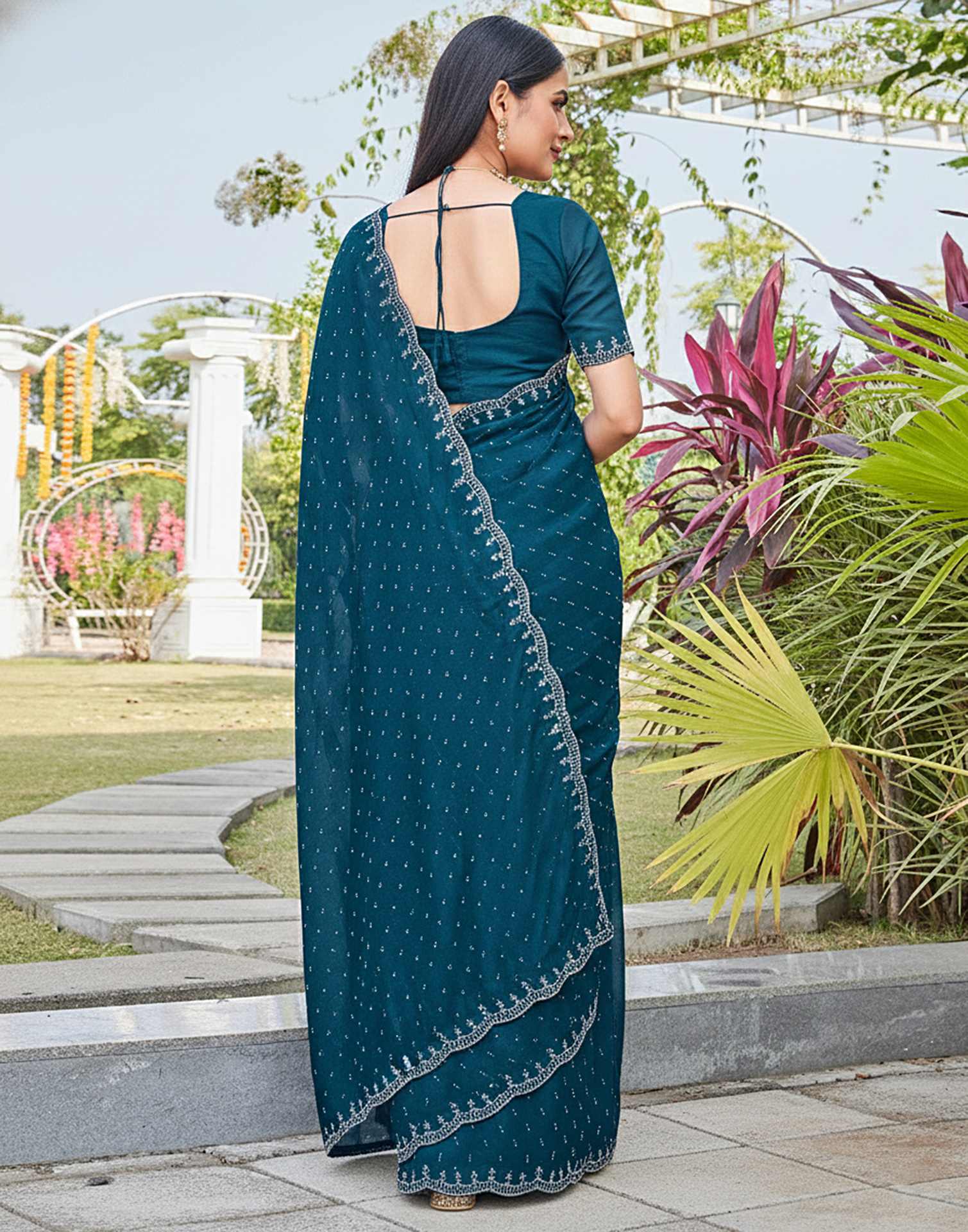 Teal Blue Shimmer Stone Work Swarovski Saree - Image 7