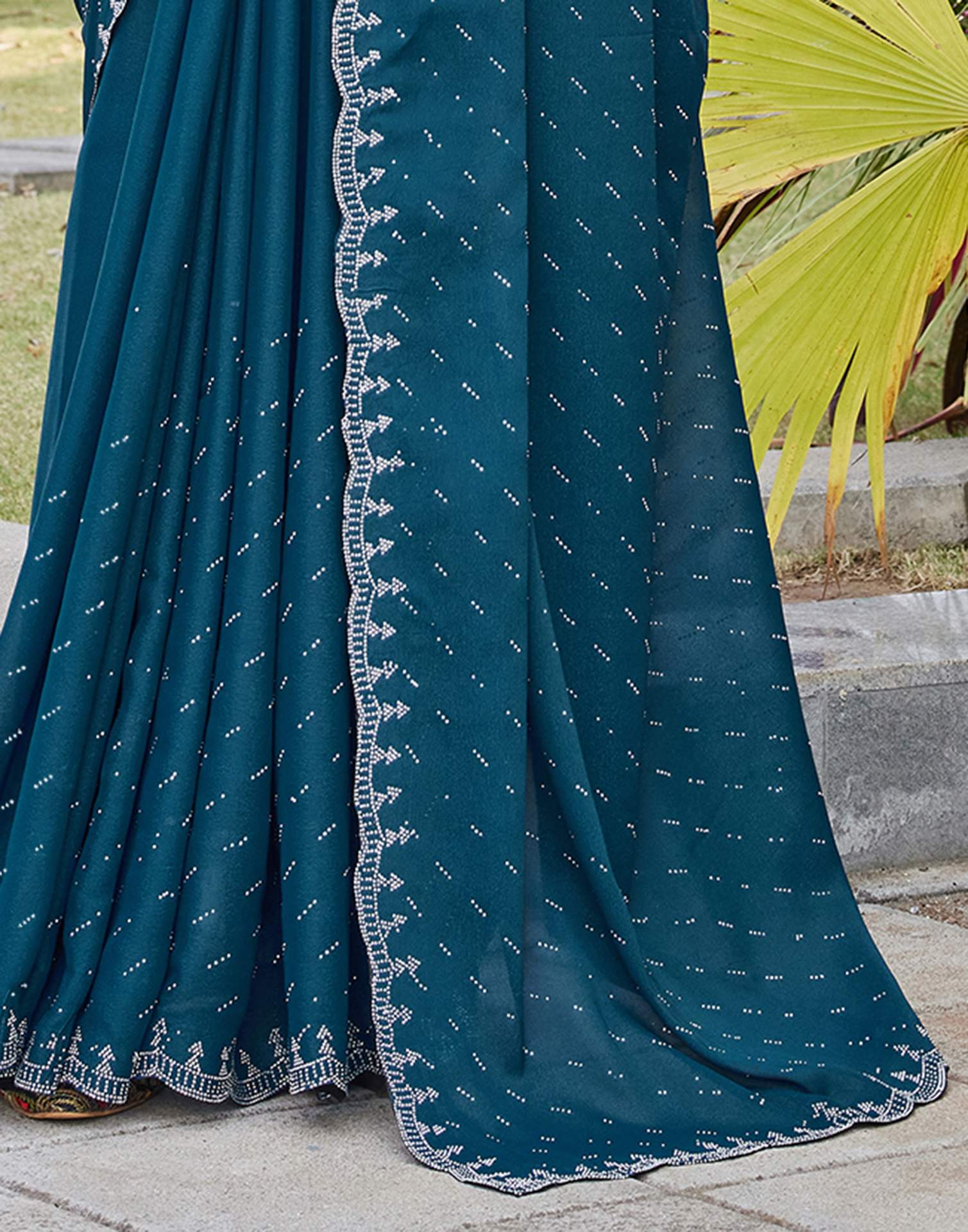 Teal Blue Shimmer Stone Work Swarovski Saree - Image 9