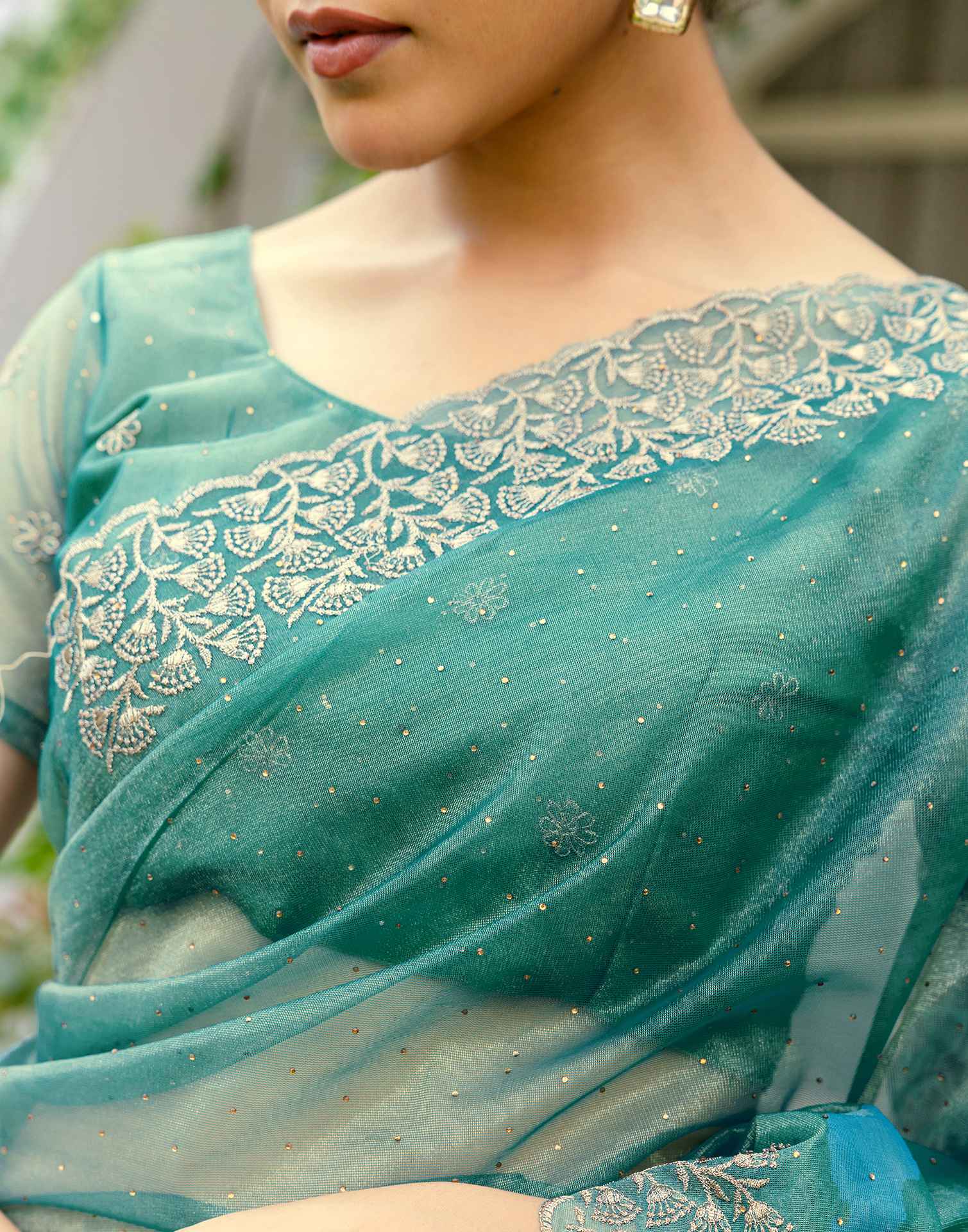 Teal Blue Shimmer Swarovski Saree - Image 10