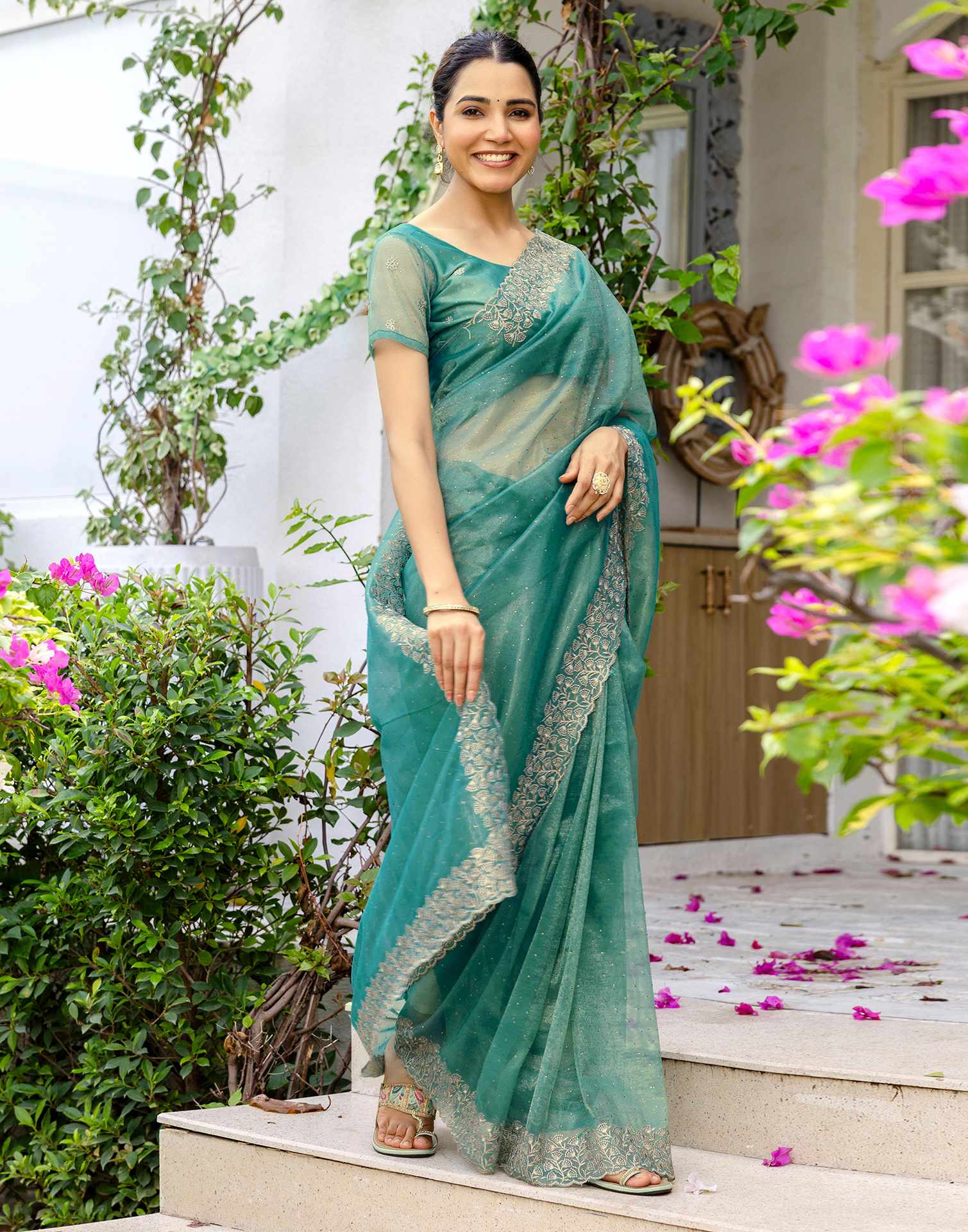 Teal Blue Shimmer Swarovski Saree - Image 4