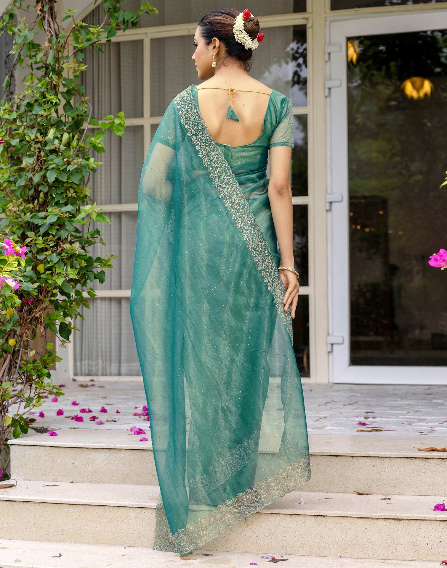 Teal Blue Shimmer Swarovski Saree - Image 6