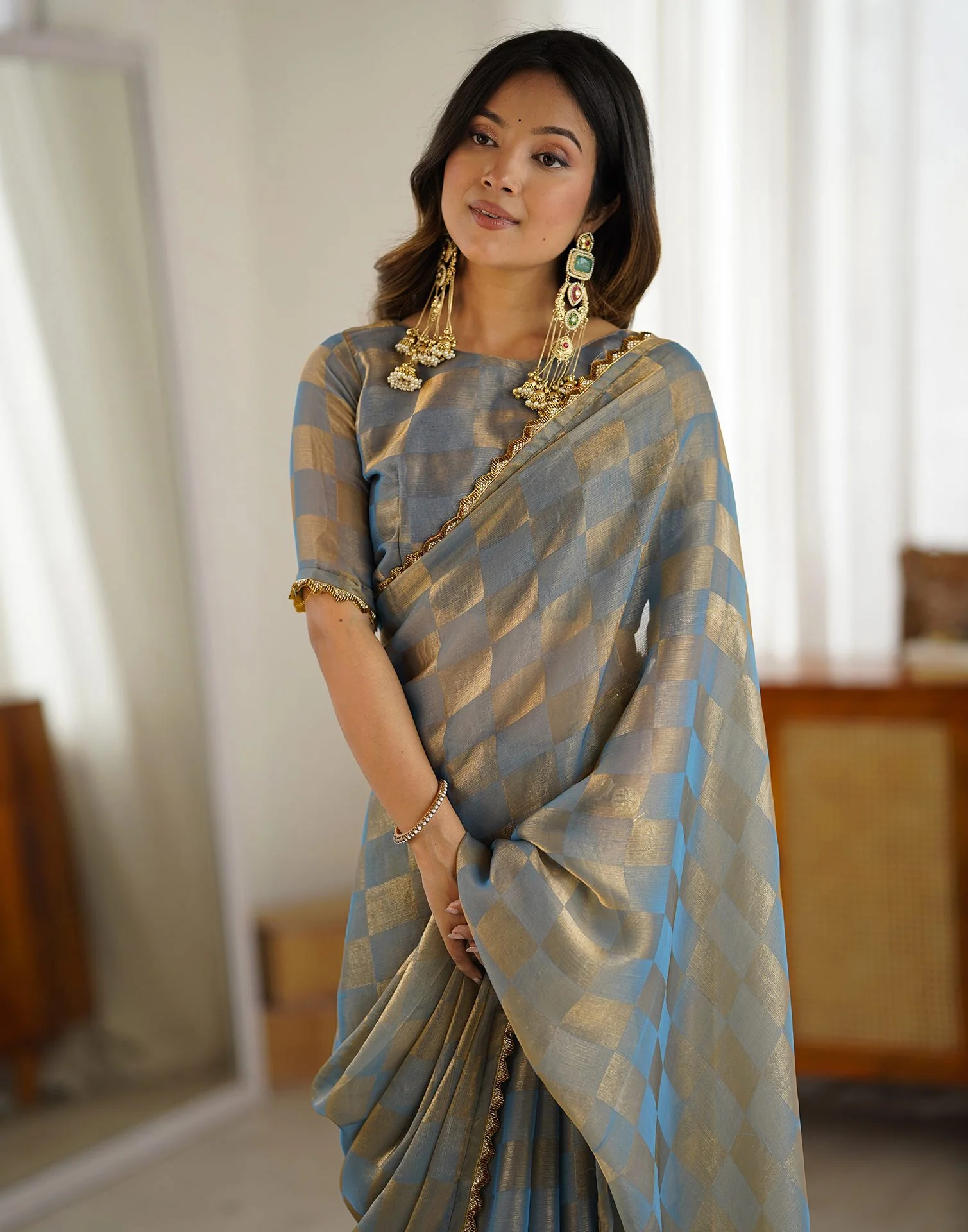 Teal Blue Shimmer Woven Saree - Image 5