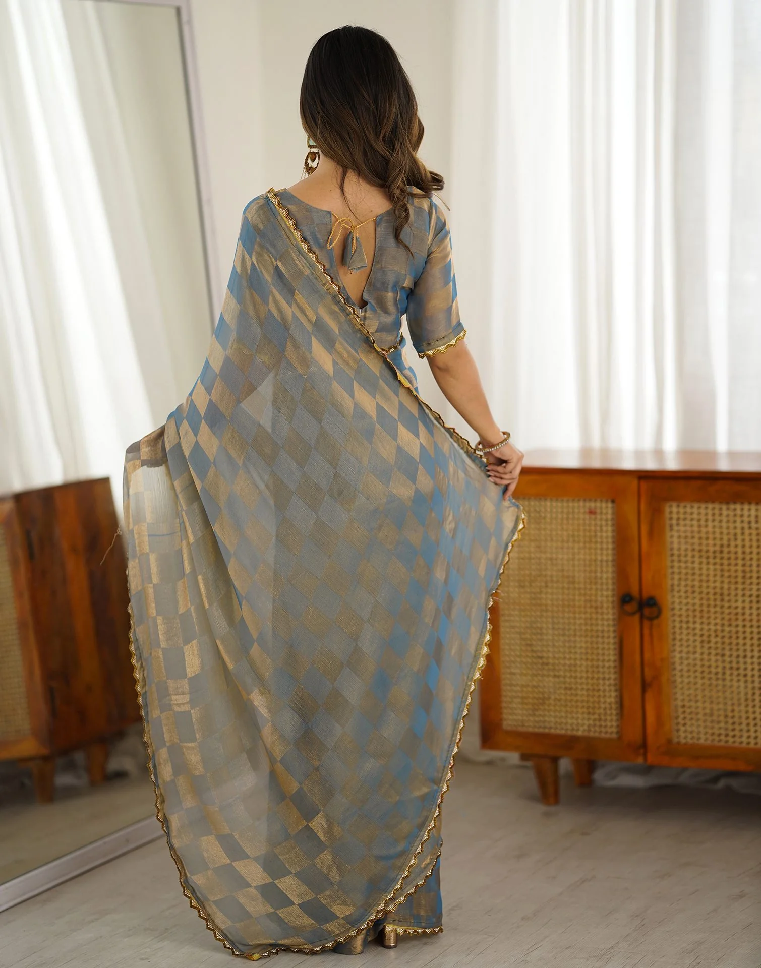 Teal Blue Shimmer Woven Saree - Image 8