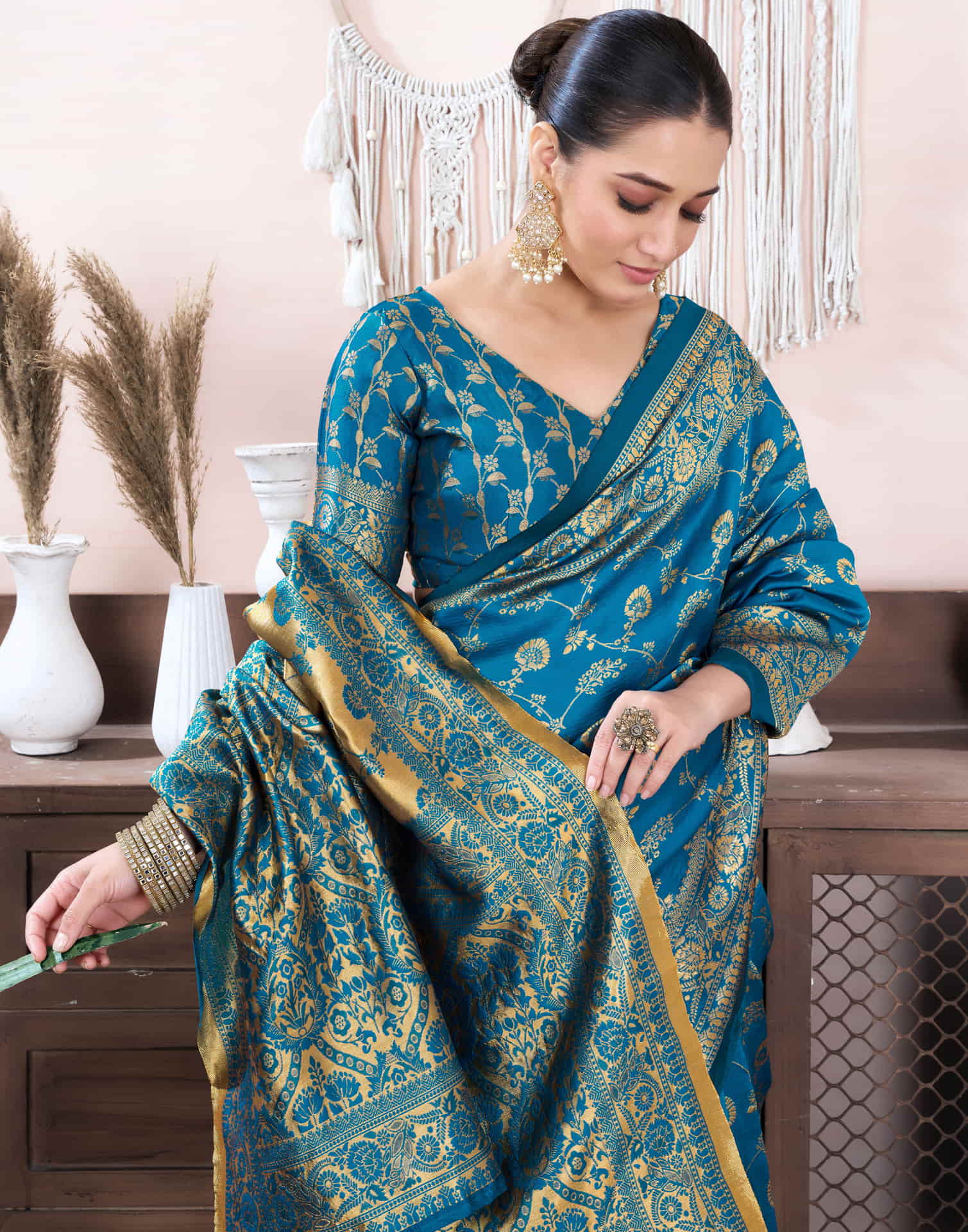 Teal Blue Silk Blend Weaving Banarasi Saree - Image 2